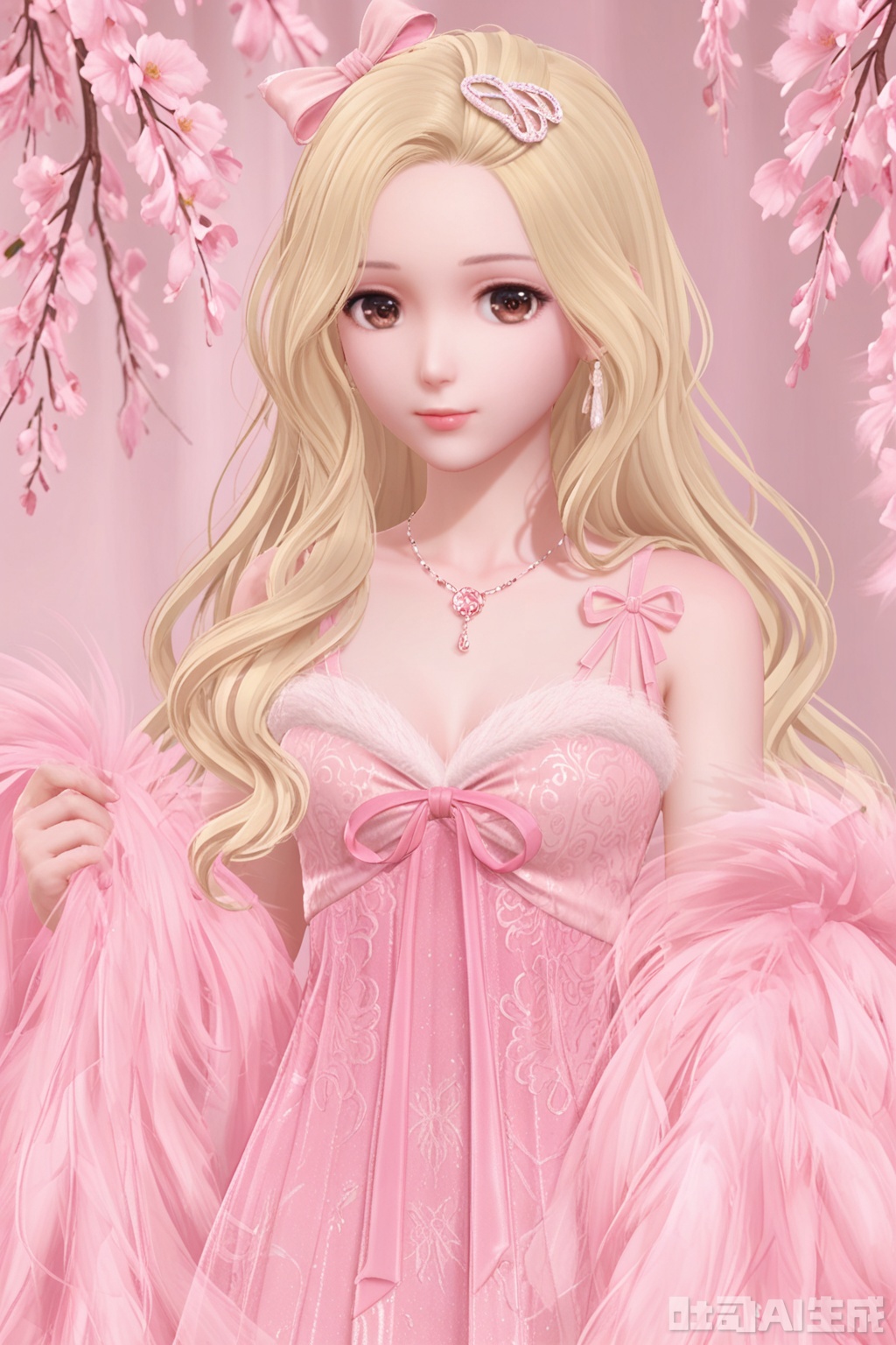 1girl, solo, long hair, breasts, looking at viewer, blonde hair, dress, cleavage, brown eyes, jewelry, hair bow, necklace, pink bow, pink dress,shawl