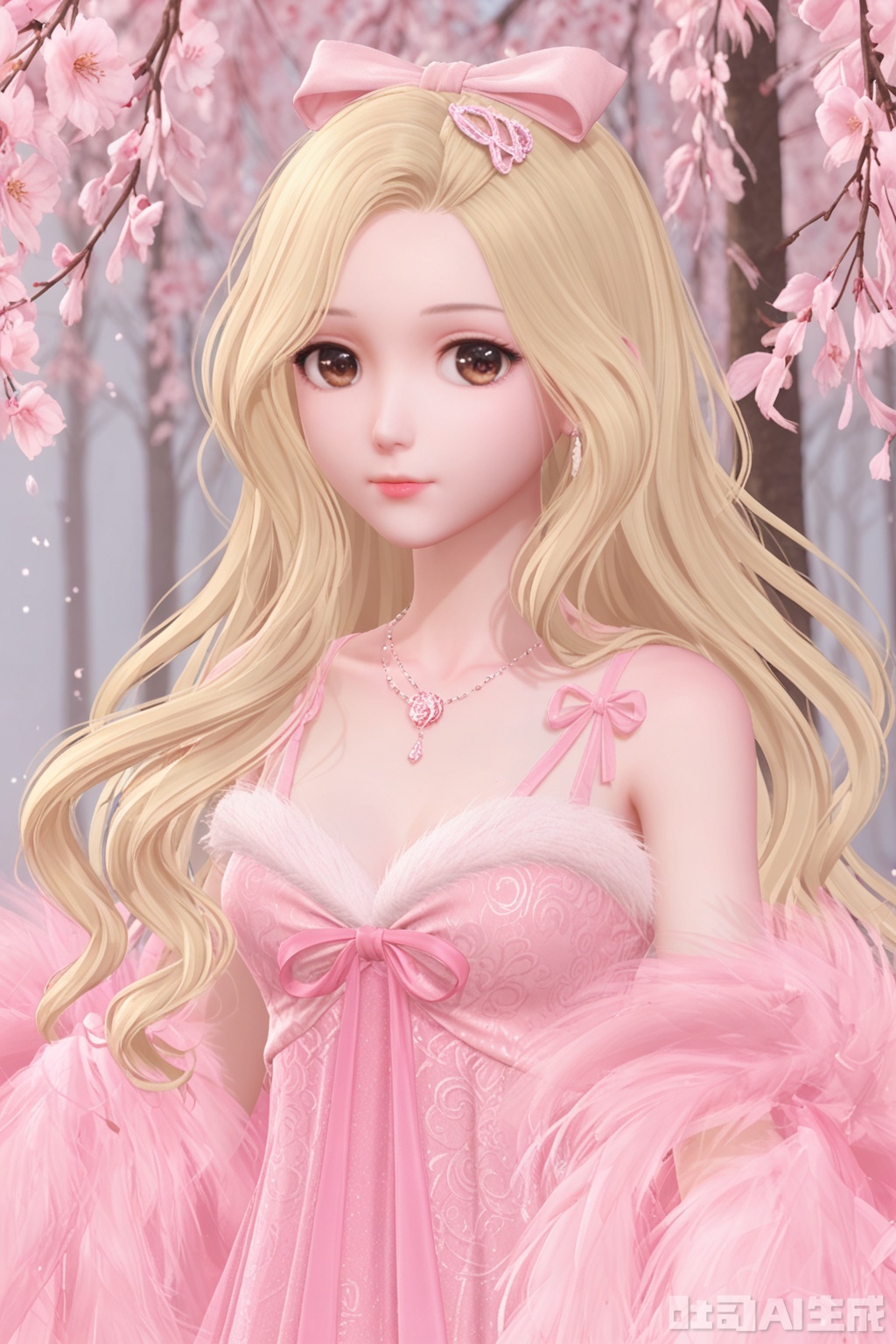 1girl, solo, long hair, breasts, looking at viewer, blonde hair, dress, cleavage, brown eyes, jewelry, hair bow, necklace, pink bow, pink dress,shawl