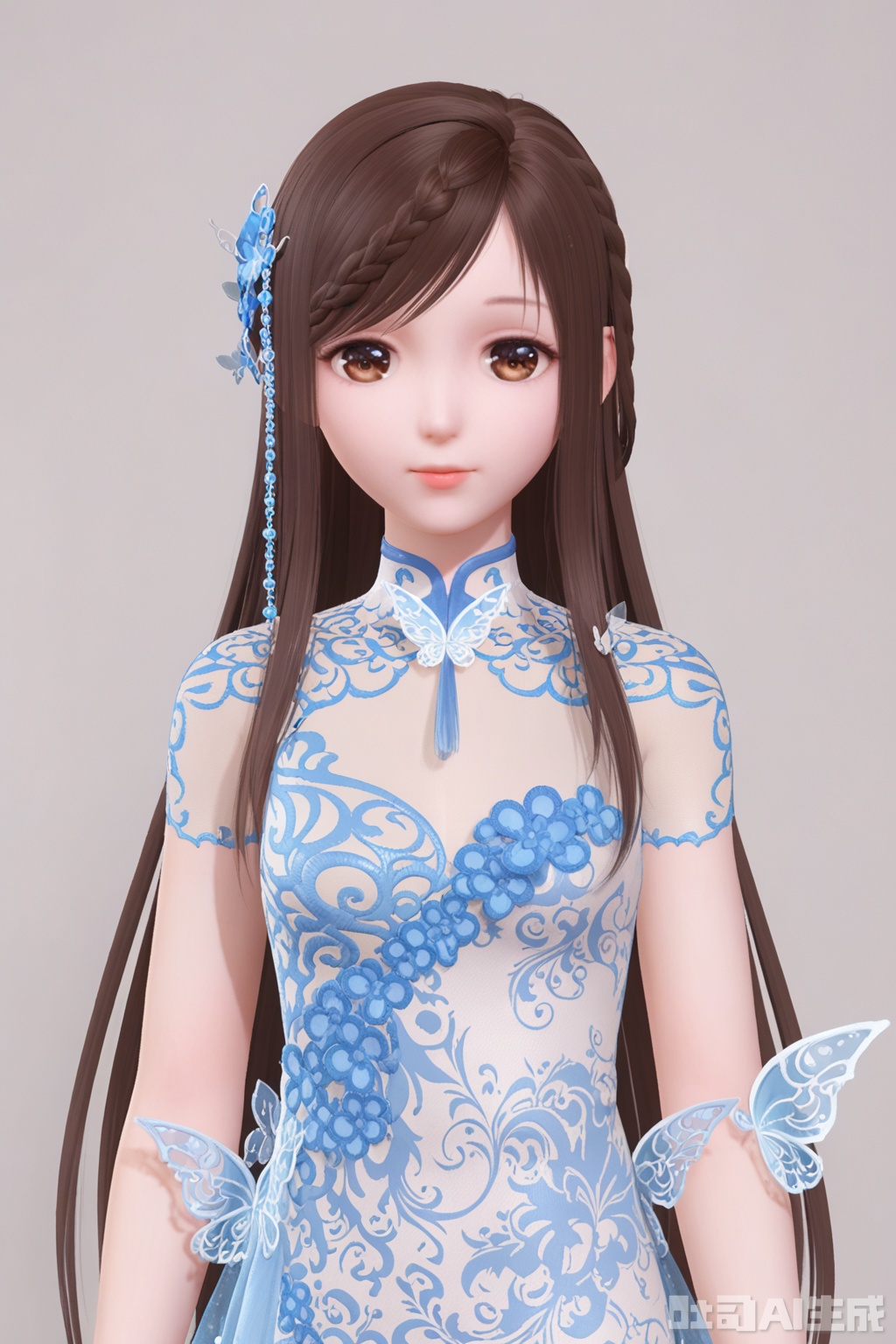 1girl, solo, long hair, looking at viewer, simple background, brown hair, hair ornament, dress, brown eyes, chinese clothes, bug, butterfly, butterfly hair ornament