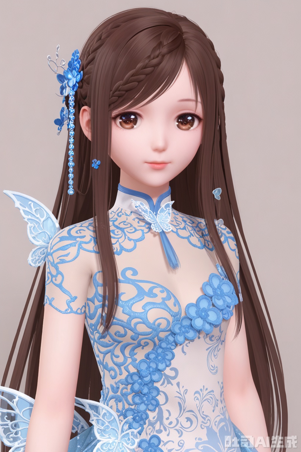 1girl, solo, long hair, looking at viewer, simple background, brown hair, hair ornament, dress, brown eyes, chinese clothes, bug, butterfly, butterfly hair ,ornament, ruffle the hair