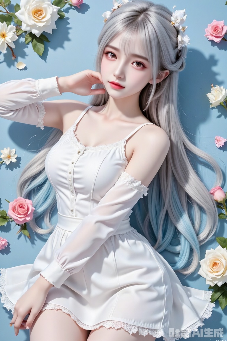 masterpiece,best quality,high quality,loli,chromatic_aberration,Blue Theme,//, (artist:umehara),artist:konya_karasue,(artist:chen bin),artist:tinker_bell,artist:ciloranko,artist:tianliang_duohe_fangdongye,artist:toosaka_asagi,//, bangs, hair ornament, dress, bow, ribbon, flower, hair bow, grey hair, hair flower, rose, drill hair, pink flower,//konya666,1girl, solo, long hair, looking at viewer, blush, bangs, red eyes, long sleeves, dress, hair between eyes, very long hair, closed mouth, blue hair, braid, flower, ahoge, white hair, multicolored hair, lying, frills, detached sleeves, puffy sleeves, virtual youtuber, on back, white dress, arm up, rose, frilled dress, white flower, puffy long sleeves, white sleeves, white rose
