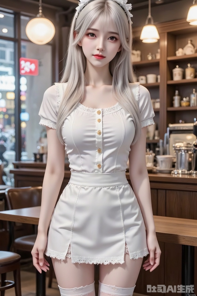 (full body portrait of a Japanese girl in the style of HH_Studio, Nicola Samori),(white hair, amber eyes, hair over one eye:0.75),(medium-length hair styled neatly with a maid headband:1.2),(classic maid outfit with a high-waist skirt, white thigh-highs, and intricate lace details:1.6),(set indoors in a cozy cafe with soft ambient lighting and wooden textures:1.8),more detail XL,head_tilt,bokeh,lens_flare,(full_shot, close-up highlight on fabric details and warm tones),(teasing_smile,looking_outside:1.7),