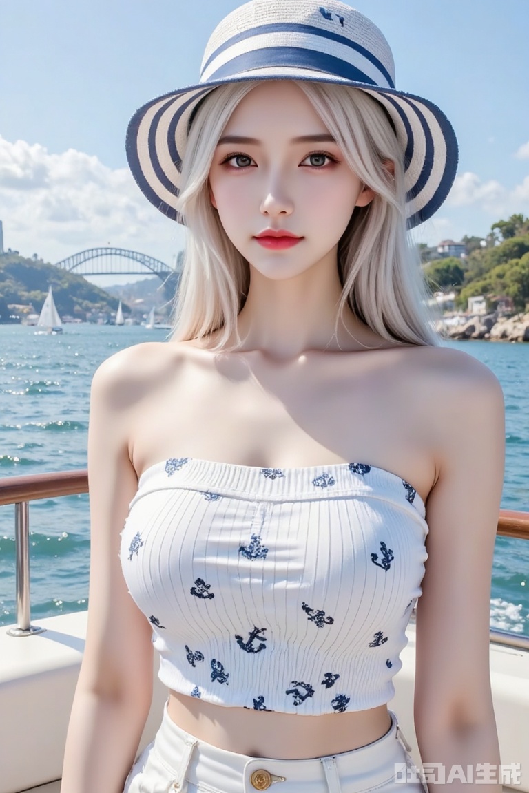 1girl,white hair ,A young woman shows off her casual beachfront stylish look. She wore a blue and white striped hat with the word VENEZ, and a white strapless top with blue stripes and anchor patterns, paired with a light-colored bottom. She was on a yacht with the sea, sailboats and bridges in the background. The overall style is filled with the relaxed and comfortable summer beachfront, which is a typical beach vacation outfit, highlighting vitality and fashion.