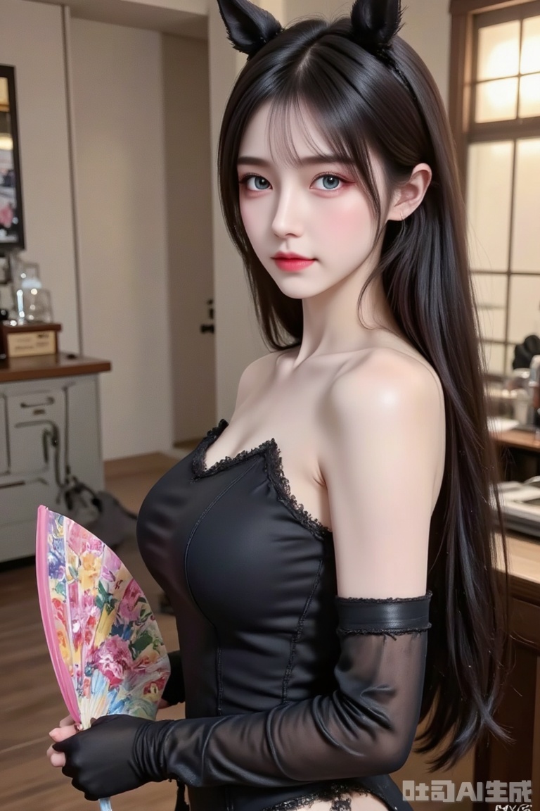 Masterpiece, the best quality, high quality,  huge breasts,,(black hair:1.4),(long legs:1.3),（thin legs：1.4）,1girl, solo, long hair, breasts, looking at viewer, blush, smile, open mouth, bangs, blue eyes, large breasts, gloves, dress, holding, bare shoulders, very long hair, pink hair, ass, :d, cowboy shot, pointy ears, black gloves, elbow gloves, looking back, from behind, black dress, sideboob, elf, hand fan, backless outfit, folding fan, holding fan, backless dress, elysia \(honkai impact\)