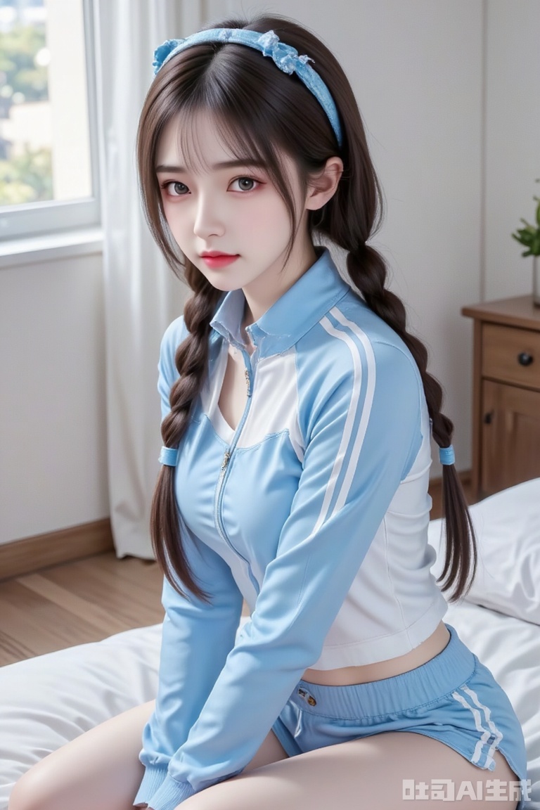Masterpiece, best quality, high quality, (colorful), big breasts, (black hair: 1.4), (long legs: 1.3). (Squatting), long hair, big breasts, (looking back at the audience), clothing, jewelry, (plump buttocks), short sleeves, hair band, earrings, indoor, daytime, waist, gazing, (rear view: 1.4), rosy cheeks, clear eyebrows, hair accessories, indoor, window, lips, bedroom, bed. This is a high-quality photograph featuring a young woman, likely in her early twenties, with fair skin and long, straight brown hair styled into two braids. The background is a cozy indoor scene. The woman is wearing a blue and white matching athletic outfit, consisting of a zip-up jacket and track pants. The jacket has a white front panel, blue sleeves with white stripes along the edges, and is unzipped to reveal a blue collared shirt underneath. The track pants are also blue with white stripes on both sides.（full body：1.5）