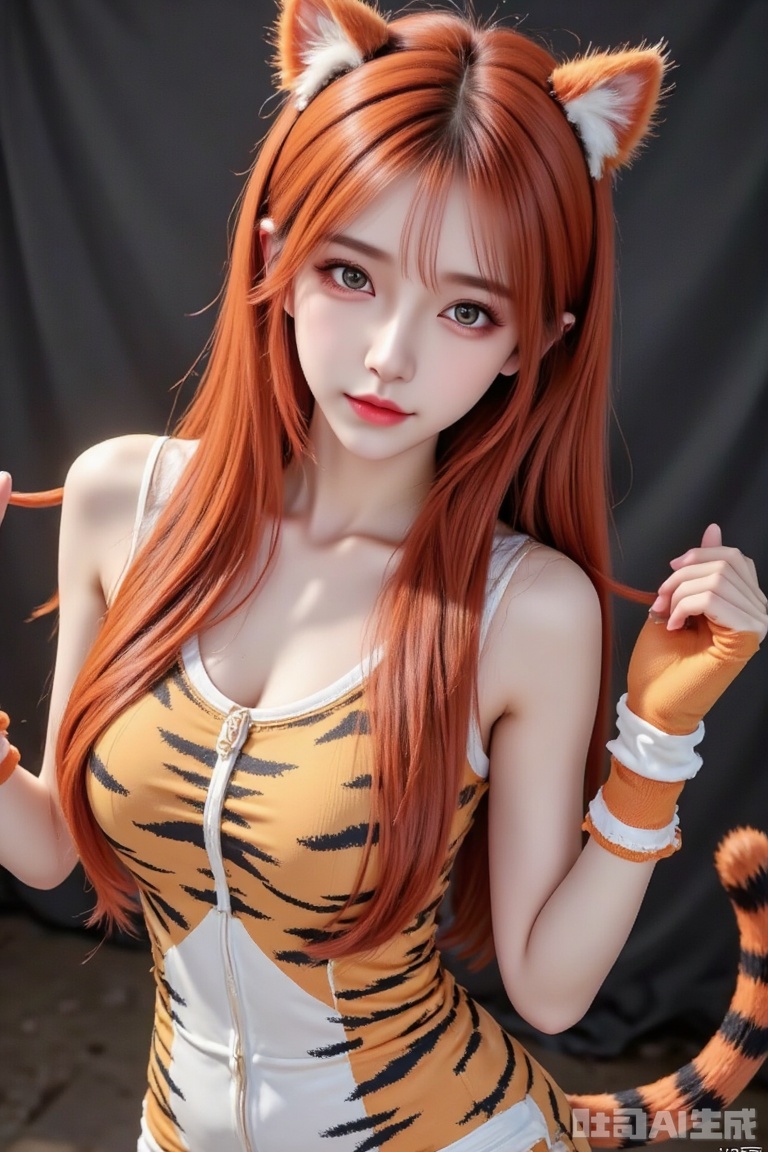Masterpiece, the best quality, high quality,  huge breasts,,(black hair:1.4),(long legs:1.3),（thin legs：1.4）1girl, standing, cute face, a little blushing, blushing, extremely happy, 1girl, long eyelashes, hair between eyes, very long hair, messy hair, tiger onesie, tiger gloves, orange hair, tiger girl, orange tiger ears, tiger tail,,(MHA_style), cartoon, oc, big and beautiful eyes,masterpiece,realistic,score_9,score_8_up,score_7_up,alone, solo, high quality, dynamic pose, ahoge, best_quality,masterpiece,newest,year 2024,year 2023,very aesthetic,absurdres,impactful picture,offcial art,movie perspective,(aos:1),(fajyobore:0.5),(chiaroscuro:1),