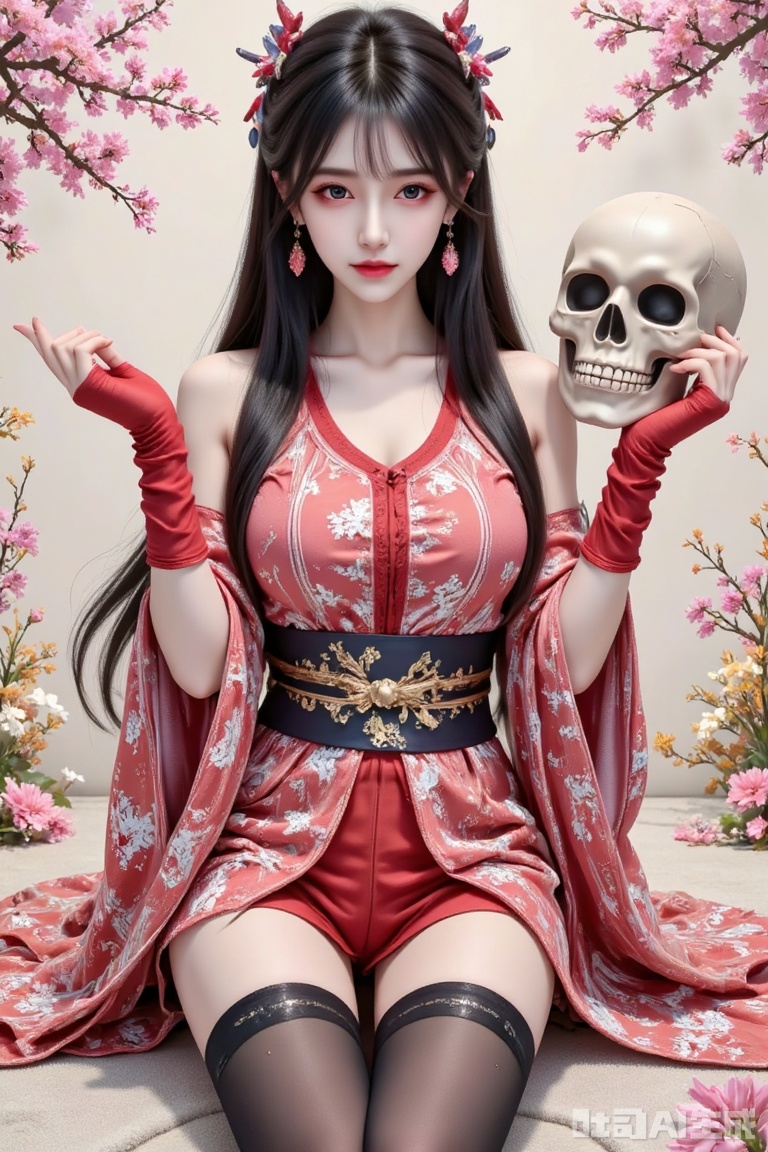 Masterpiece, the best quality, high quality,  huge breasts,,(black hair:1.4),(long legs:1.3),（thin legs：1.4）,Expressiveh, morimee_style, jsyu_style, 2025. 03, (1girl, solo), masterpiece, best quality, sketch limited palette, glitch theme, sideways, abstract, abstract art, madness, cinematic, nose, lips, open hand, reaching, foreshortening, holding skull mask, cracked skin, cracked mask, , solo, head tilt, smile, closed mouth, half-closed eyes, narrowed eyes, maniac, red hands, red arms, looking at viewer, smug, staring, very awa,zakuro,japanese clothes, thighhighs, hair stick,hair ornament, fingerless gloves, kimono,gloves, earrings, jewelry,OverCute
