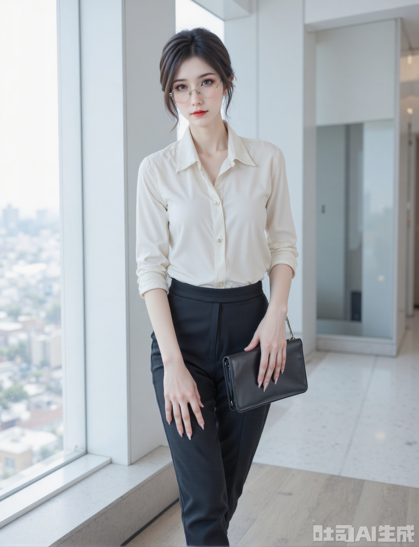 28-year-old Asian female secretary Sophia, wearing a tidy and neat low bun, wearing a well-textured milky white sleeveless silk shirt and slim-cut matte black high-waist suit pants, paired with a pair of simple color pointed stilettos, standing gracefully in front of the floor-to-ceiling window of the high-rise office; she lightly holds gold-rimmed glasses frame with one hand and holds a folder at the other hand, with a straight and confident posture, light brown eyes exuding concentration, and natural bean paste lipstick on her lips. The morning light shines through the glass on her delicate side profile and simple platinum chain pendant. Behind her is a blurred but clearly visible neat desk and modern city skyline. The overall picture is ultra-high resolution business portrait photography, accurately capturing the luster of silk fabrics and the professional and rigorous temperament.