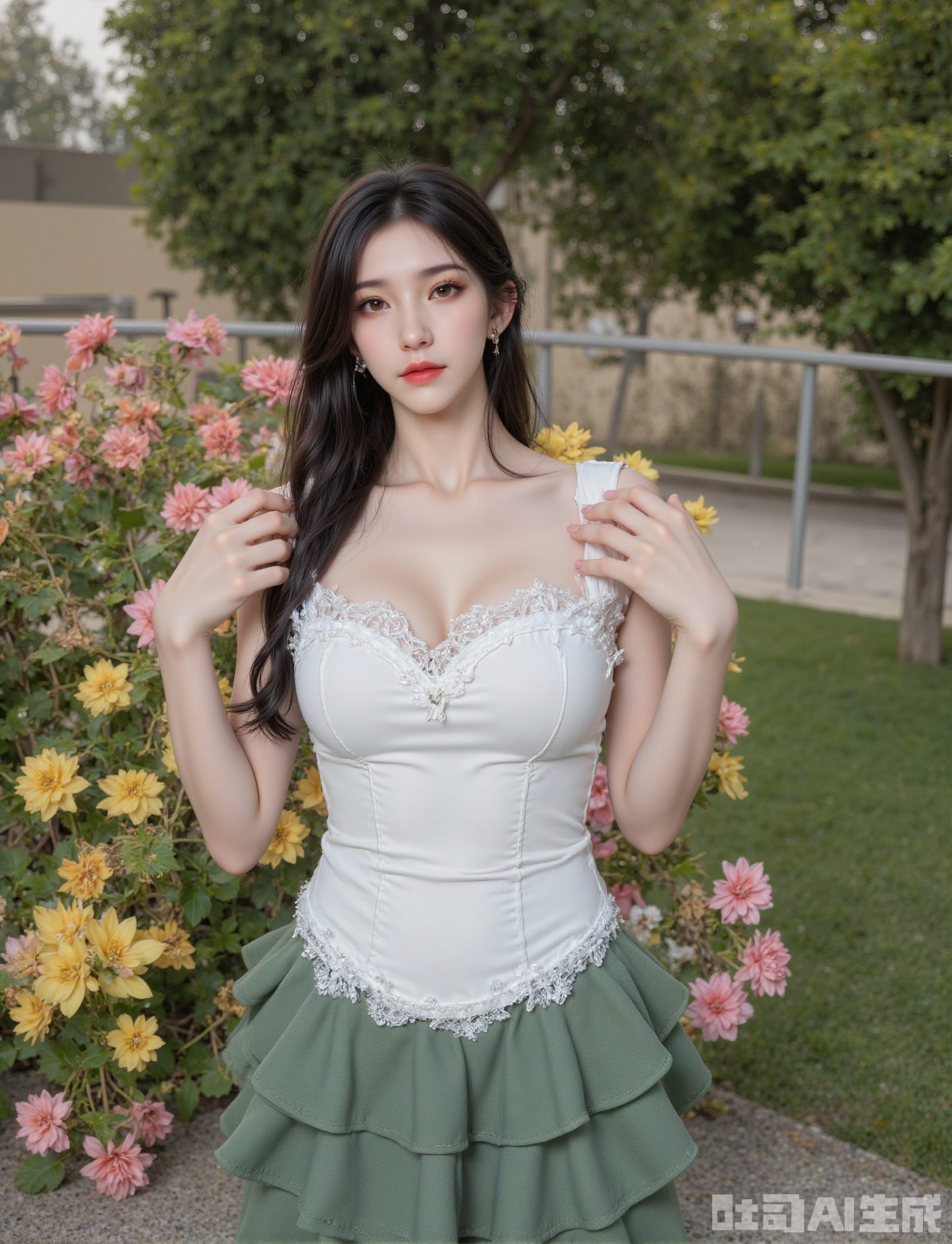 The image shows a young woman standing in a lush garden. She is wearing a white corset-style top with lace details and a layered green skirt. Her hair is styled in a neat braid, and she is adjusting her hair with one hand. The background features vibrant flowers in various colors, including pink and yellow, and a few trees with green foliage. There is also a pathway and a railing visible in the background, suggesting a park or garden setting. The overall atmosphere is bright and serene, with natural sunlight illuminating the scene.