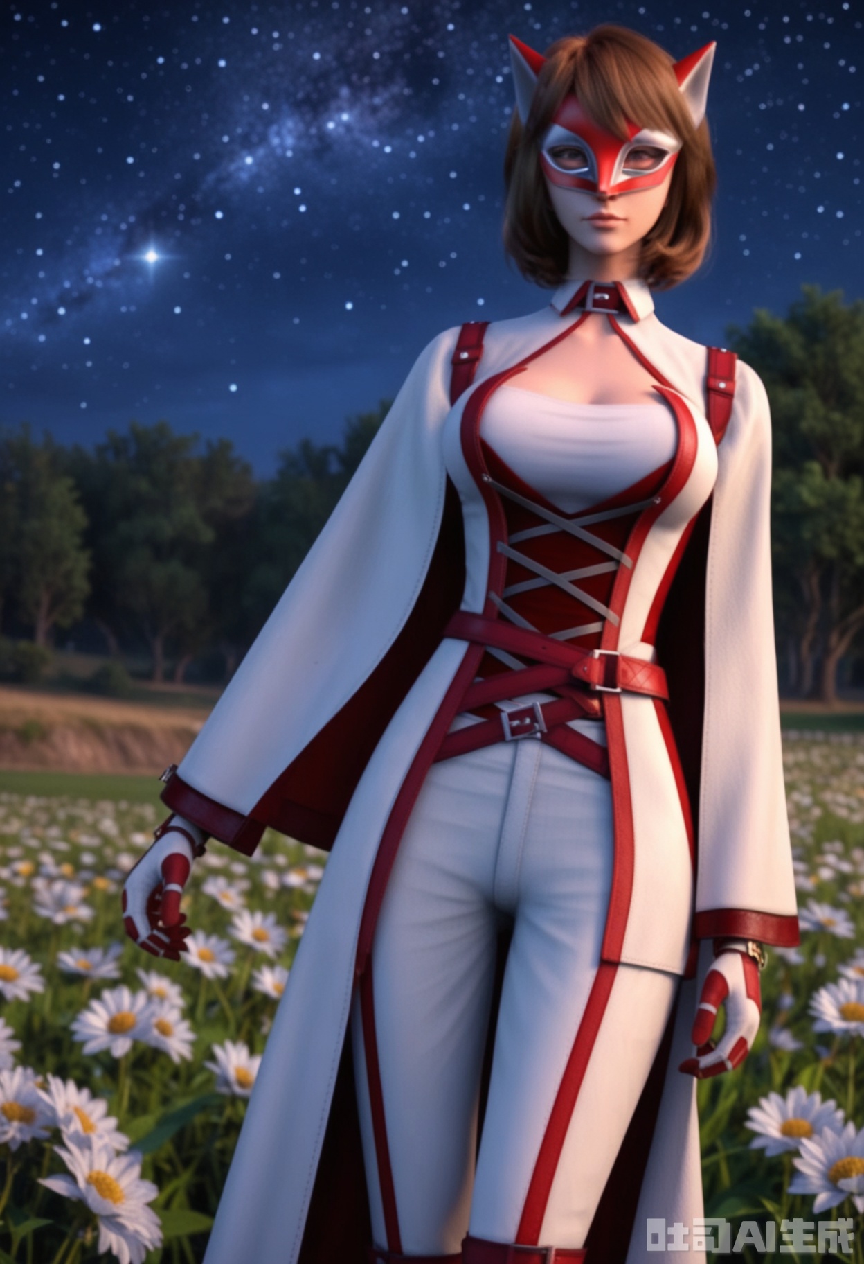 score_9,score_8_up,score_7_up,highly detailed,ultra-high best quality,masterpiece,realistic,ultra-fine painting,extreme detail description,Professional,Vivid Colors,(((extremely detailed CG unity 8k wallpaper))),an extremely delicate and beautiful,official art,sweet and delicate girl,delicate facial features,perfect bright figure,surrounded,Bright,romantic long hair,natural light,warm and sweet,a girl,
linping,
1girl, solo, breasts, short hair, brown hair, gloves, long sleeves, pointy ears, belt, pants, mask,bangs,lips, mask,nose,
(in a meadow:1.3),(night:1.2),(stars:1.3),((perfect legs:1.2)),(large breasts:1.2),
