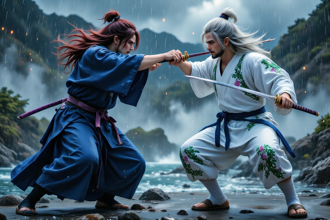 Exceptional quality. Inspiration: Duel,  thunderstorm,  Japanese swordsmen. Close-up: Two Japanese swordsmen face off on a...