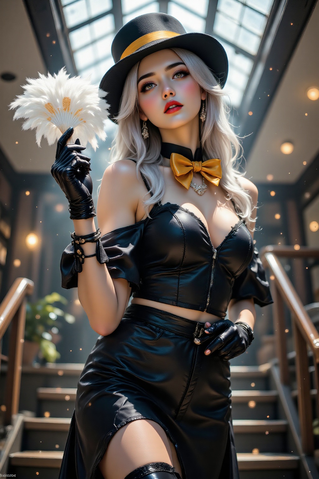 Top quality. Inspiration: Skylight,  contemplation. Image: Close-up: A woman with flowing,  elegant white hair and bright...