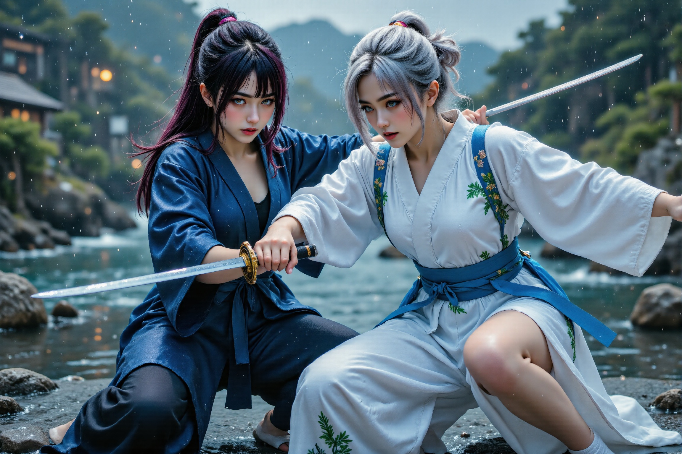 Exceptional quality. Inspiration: Duel,  thunderstorm,  Japanese swordsmen. Close-up: Two Japanese female swordsmen face o...