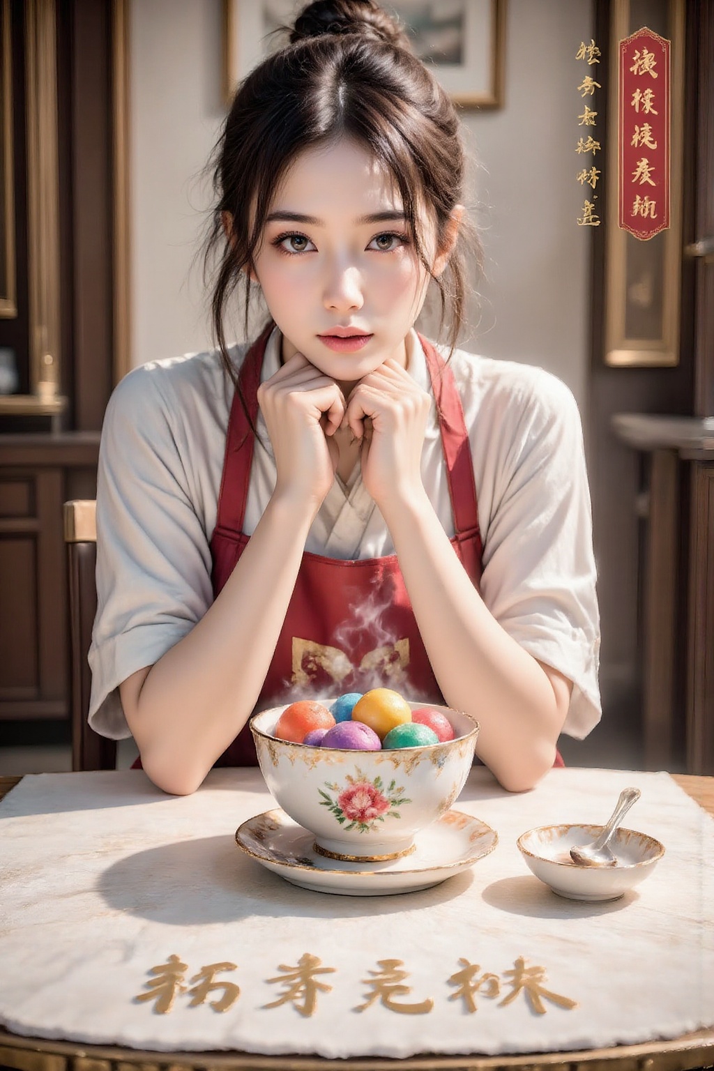 Exceptional quality. Inspiration: Winter Solstice,  Tangyuan (glutinous rice balls). Close-up: A lovely girl in an apron r...