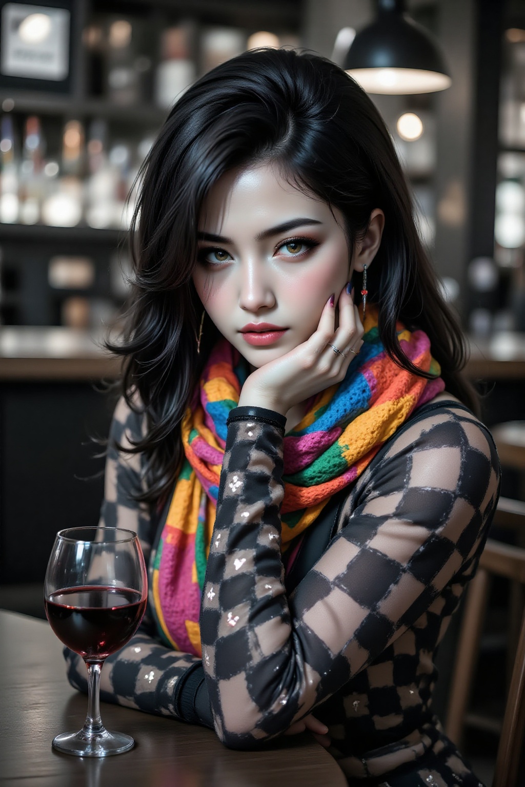Top quality. Inspiration: Crochet,  color,  scarf. Close-up: A black and white photograph with a colorful scarf. A half-le...