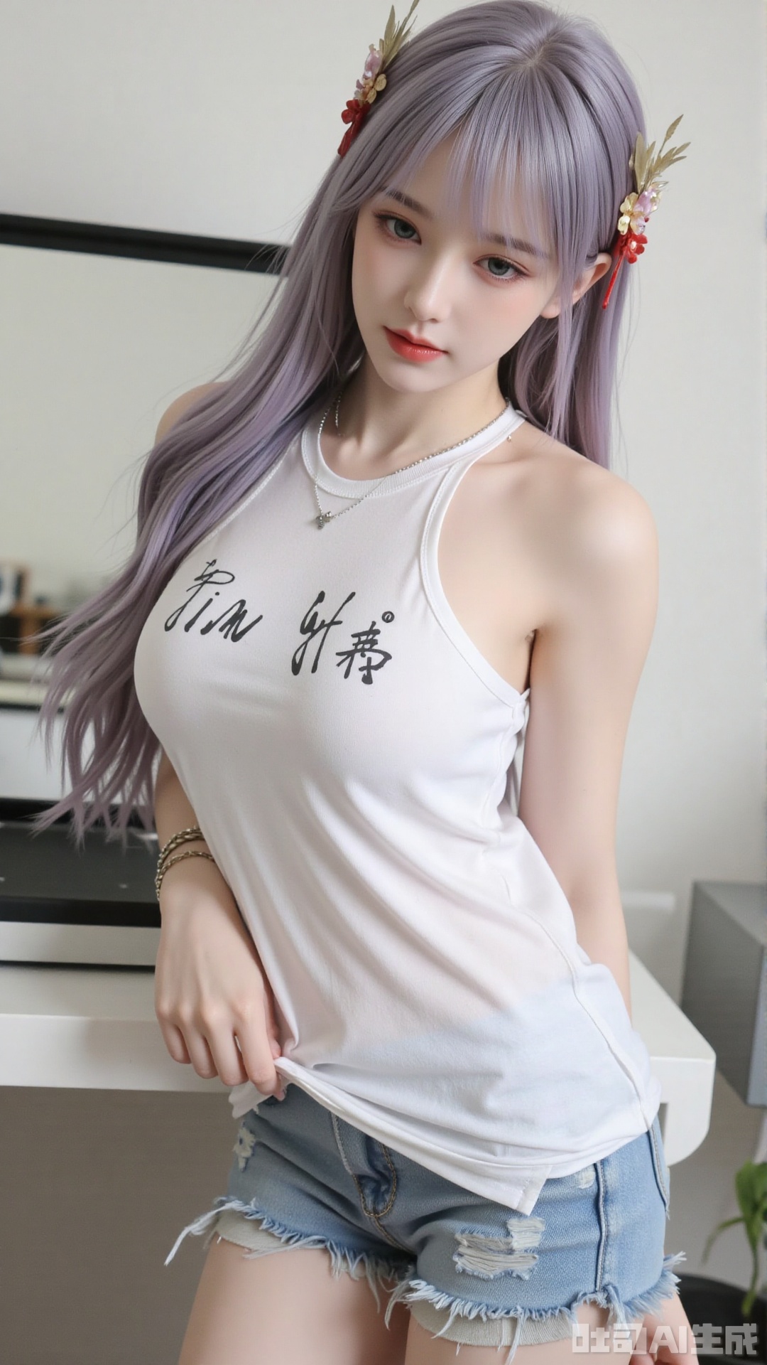 White t-shirt with ”Tim_Yi“ written on it, jeans shorts,1girl