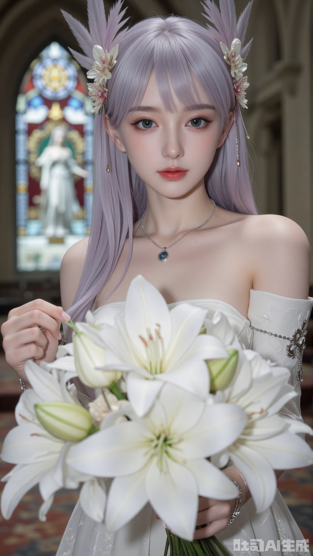 masterpiece,very aware,highres,absurdres,newest,best quality,high quality,chromatic_aberration,cinematic_angle,dutch angle,blurry_foreground,
1girl, flower, solo, hair ornament, dress, bouquet, stained glass, hair flower, holding bouquet, white dress, holding, looking at viewer, necklace, jewelry, church, white flower, virtual youtuber, lily (flower), earrings, closed mouth, bare shoulders, indoors, off-shoulder dress, aqua eyes, long hair, off shoulder, wedding dress, light smile, mole, blue eyes, upper body, collarbone, holding flower,
photorealistic
