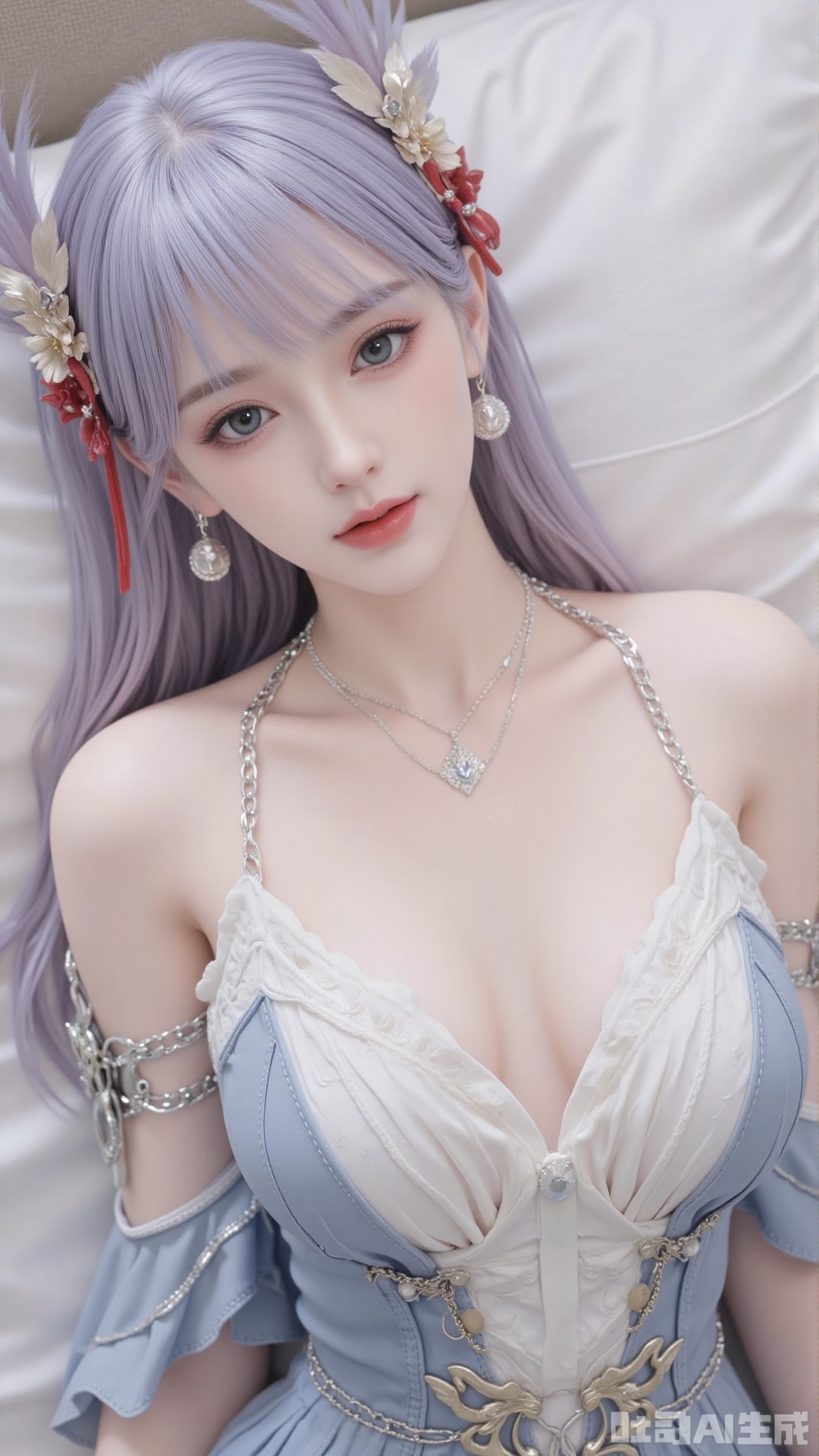 1girl, solo, jewelry, earrings, breasts, necklace, dress, realistic, bare shoulders, looking at viewer, lying, perfect body, scenery, sharp focus, best quality, masterpiece, detailed outfit, illustration, perfect eyes, finely detailed beautiful anime eyes, realistic skin, intricate details, best lighting, depth of field, ultra high resolution, bed, from above