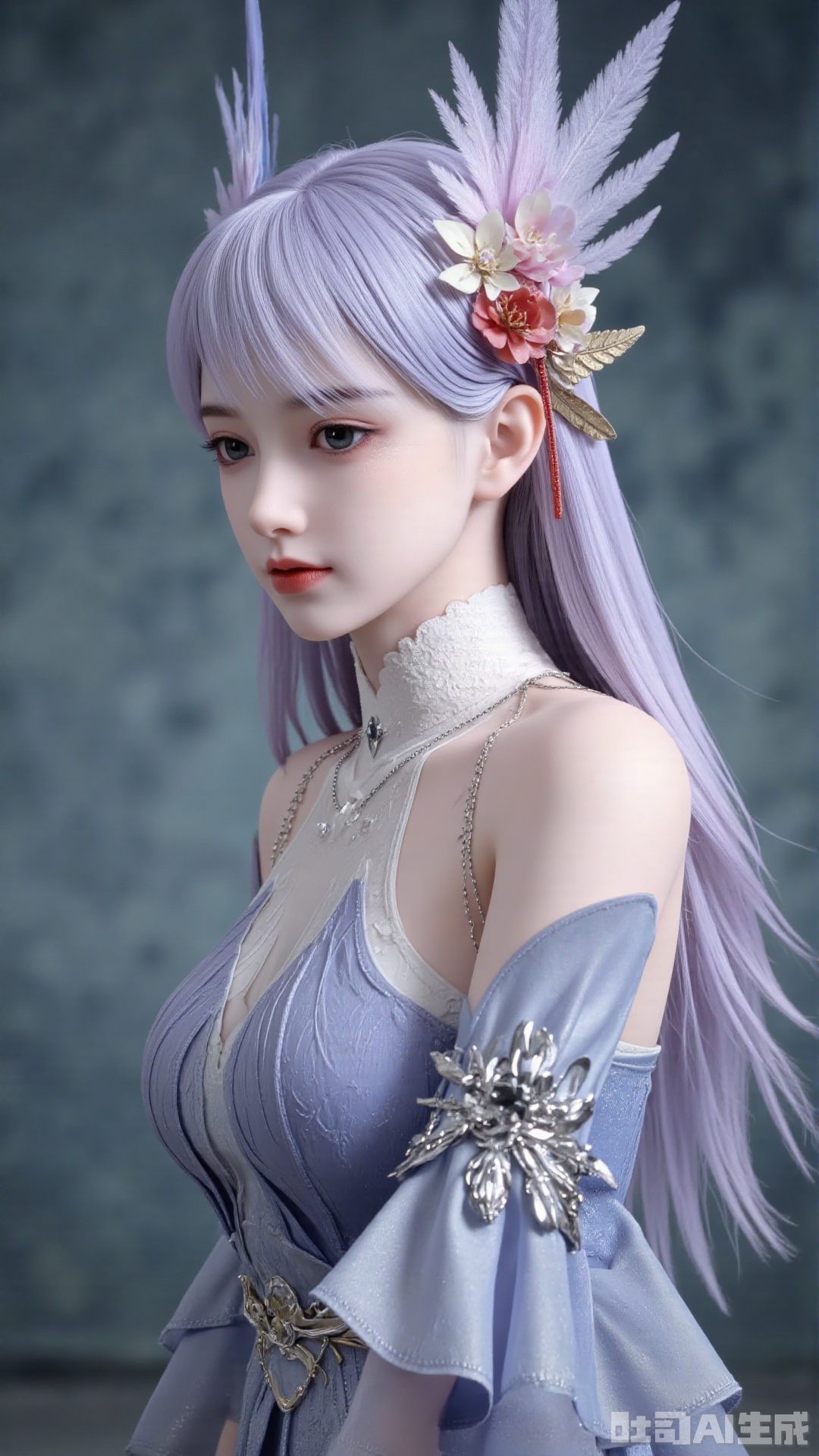 1girl, long hair, solo, dress, hair bun, hair ornament, mischevious smile, perfect body, scenery, sharp focus, best quality, masterpiece, detailed outfit, illustration, perfect eyes, finely detailed beautiful anime eyes, realistic skin, intricate details, best lighting, depth of field, ultra high resolution,cowboy_shot