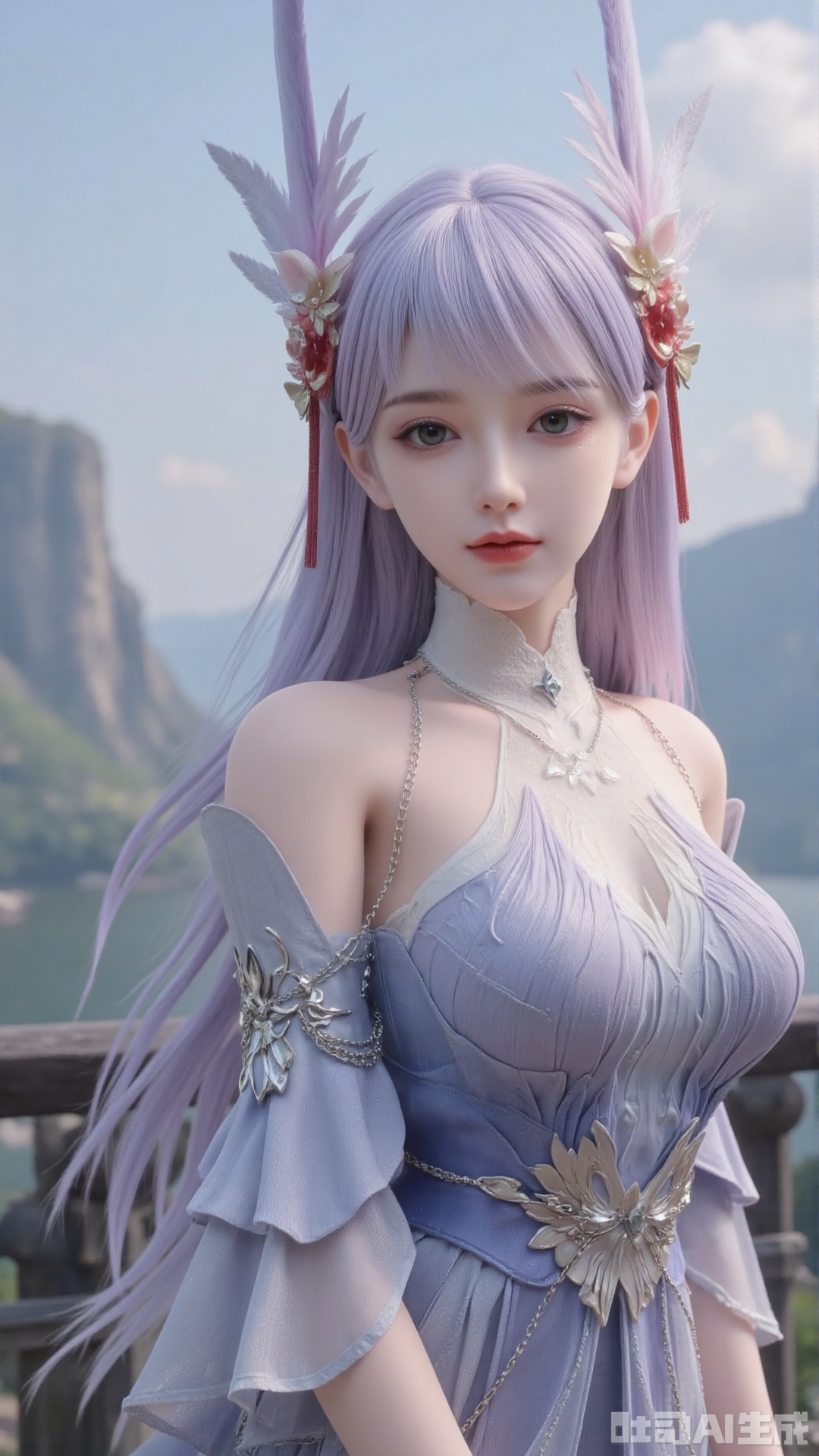 1girl, long hair, solo, dress, hair bun, hair ornament, mischevious smile, perfect body, scenery, sharp focus, best quality, masterpiece, detailed outfit, illustration, perfect eyes, finely detailed beautiful anime eyes, realistic skin, intricate details, best lighting, depth of field, ultra high resolution, sitting
