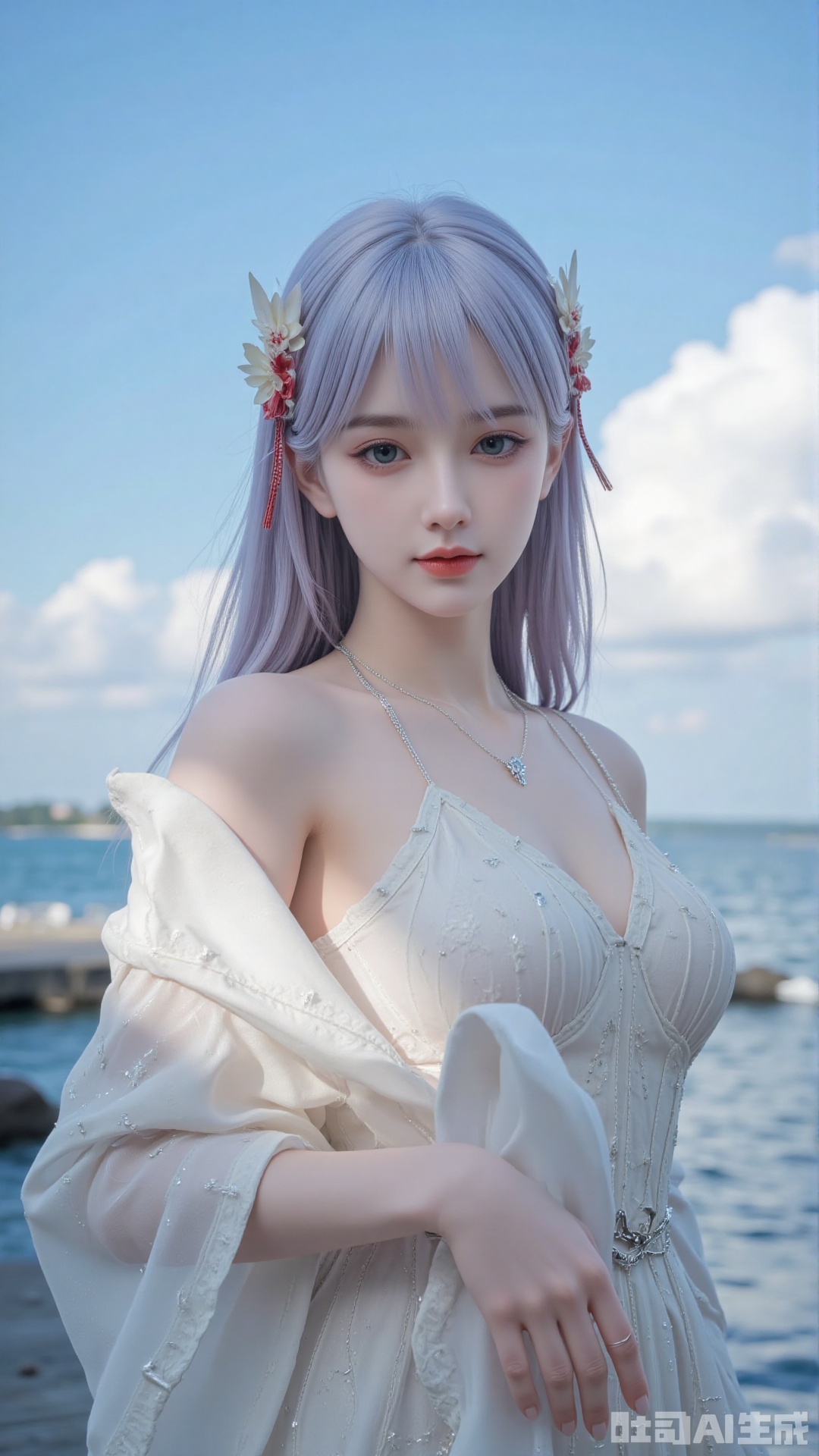 Very detailed face, extremely detailed eyes and face, blue eyes, (vacuum), 8K wallpaper, light leak, beautiful and detailed girl, extremely detailed CGUnity8K wallpaper, an extremely detailed and beautiful, beautiful and detailed eyes, masterpiece, best quality, Real photo level, (frontal shooting panoramic perspective), ( (Full body photo)), dynamic angle, dynamic pose, solo, ancient style silver hairpin with petals, blue sky and white clouds, (C cup), (huge round breasts), slender legs, super good figure, stunning beauty, (whole body in the mirror) , (wearing Lolita nightgown), (light reflects the shadow of the body through the clothes),vacuum,bare and smooth
