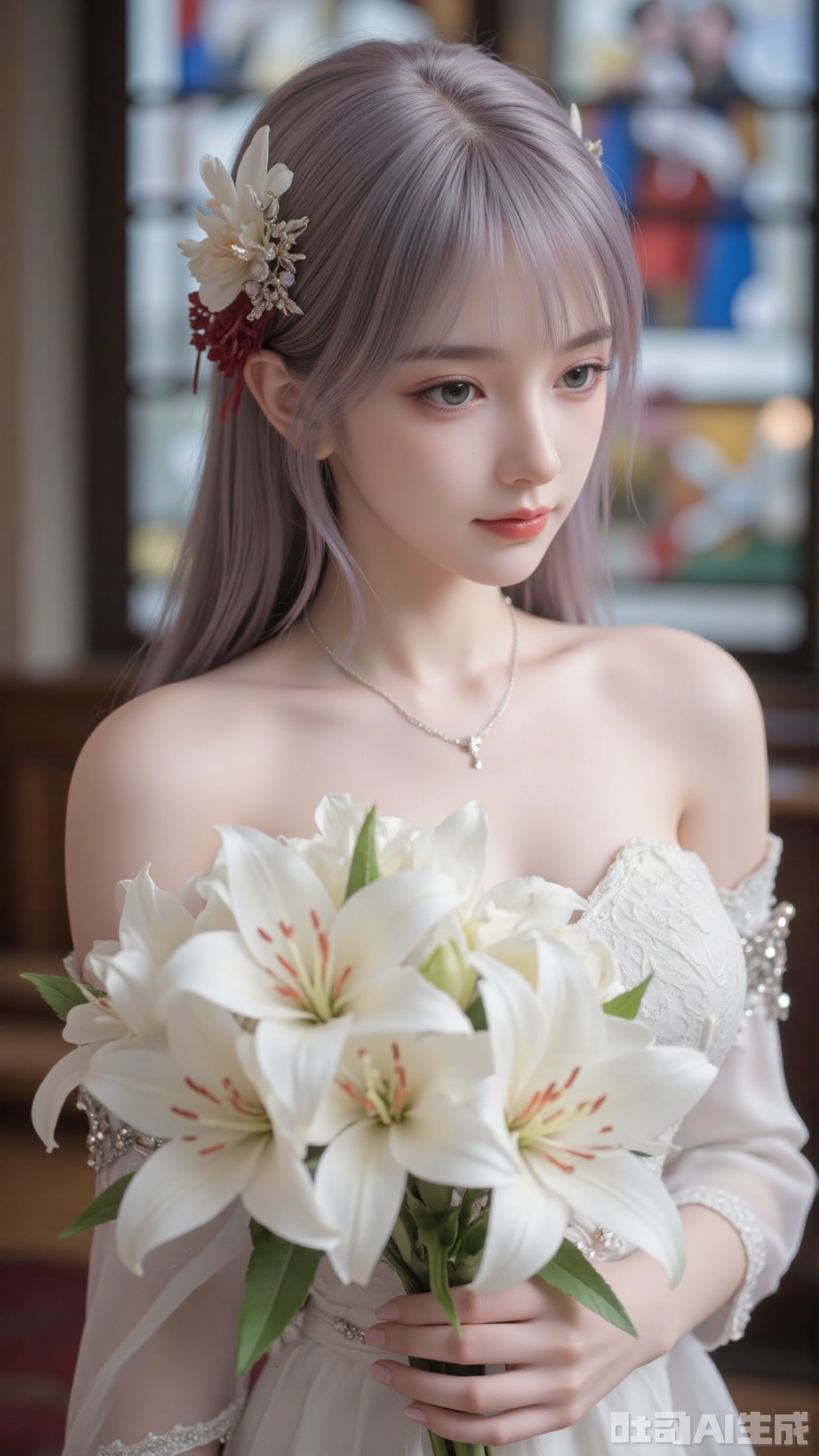 masterpiece,very aware,highres,absurdres,newest,best quality,high quality,chromatic_aberration,cinematic_angle,dutch angle,blurry_foreground,
1girl, flower, solo, hair ornament, dress, bouquet, stained glass, hair flower, holding bouquet, white dress, holding, looking at viewer, necklace, jewelry, church, white flower, virtual youtuber, lily (flower), earrings, closed mouth, bare shoulders, indoors, off-shoulder dress, aqua eyes, long hair, off shoulder, wedding dress, light smile, mole, blue eyes, upper body, collarbone, holding flower,
photorealistic

