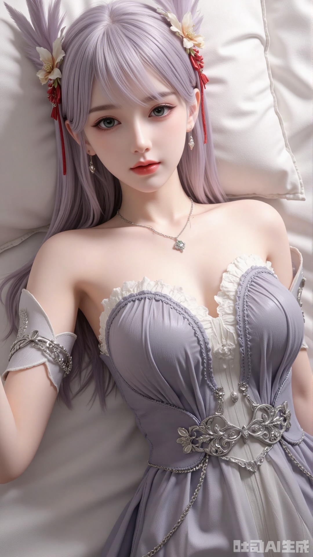 1girl, solo, jewelry, earrings, breasts, necklace, dress, realistic, bare shoulders, looking at viewer, lying, perfect body, scenery, sharp focus, best quality, masterpiece, detailed outfit, illustration, perfect eyes, finely detailed beautiful anime eyes, realistic skin, intricate details, best lighting, depth of field, ultra high resolution, bed, from above