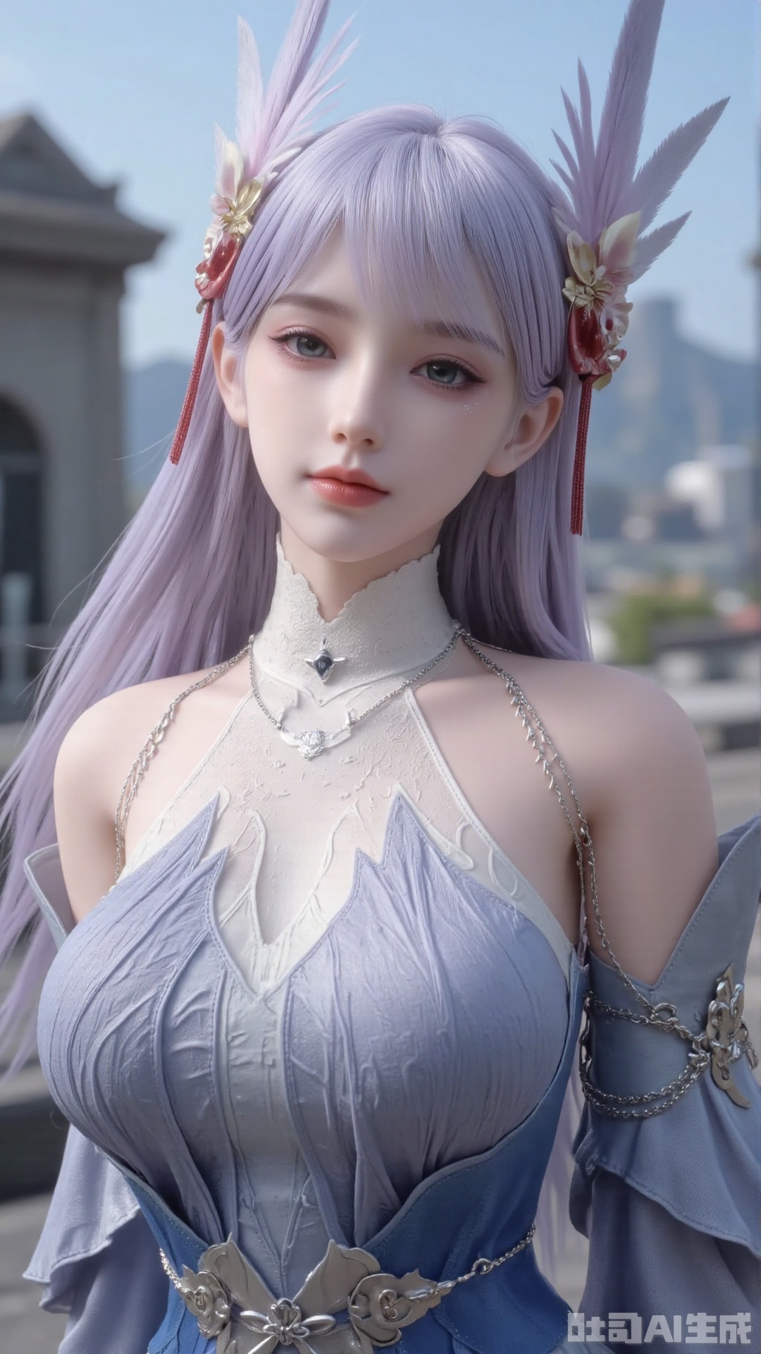 1girl, long hair, solo, dress, hair bun, hair ornament, mischevious smile, perfect body, scenery, sharp focus, best quality, masterpiece, detailed outfit, illustration, perfect eyes, finely detailed beautiful anime eyes, realistic skin, intricate details, best lighting, depth of field, ultra high resolution,cowboy_shot