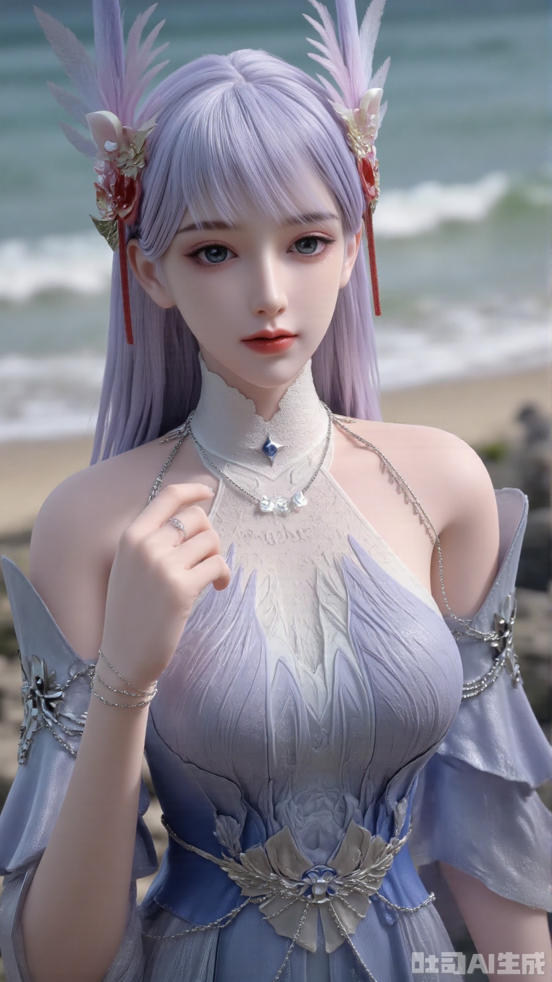 1girl, long hair, solo, dress, hair bun, hair ornament, mischevious smile, perfect body, scenery, sharp focus, best quality, masterpiece, detailed outfit, illustration, perfect eyes, finely detailed beautiful anime eyes, realistic skin, intricate details, best lighting, depth of field, ultra high resolution,cowboy_shot