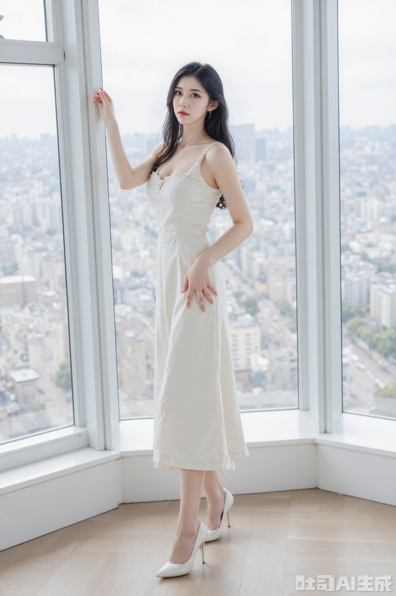 The image shows a woman standing in a room with large windows that offer a view of a cityscape. She is wearing a white sleeveless dress and white high-heeled shoes. Her hair is long and dark, and she is holding one of her hair strands with her right hand. The room has wooden flooring and a modern, minimalist design. The city outside the windows is visible, with numerous buildings and a road running through it. The lighting is bright, suggesting it might be daytime. There are no non-English characters visible in the image.