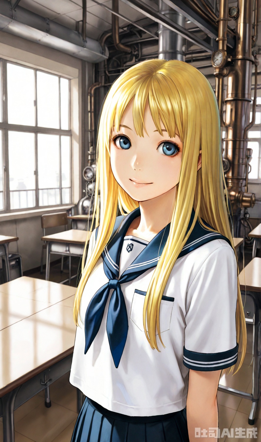 1girl,yellow hair,long hair,blue eyes,beautiful eyes,masterpiece,school uniform,pungent,happy,classroom,Factory,steampunk,