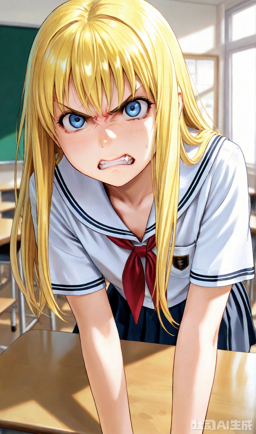 1girl,yellow hair,long hair,blue eyes,beautiful eyes,masterpiece,school uniform,pungent,(angry:1.5),classroom