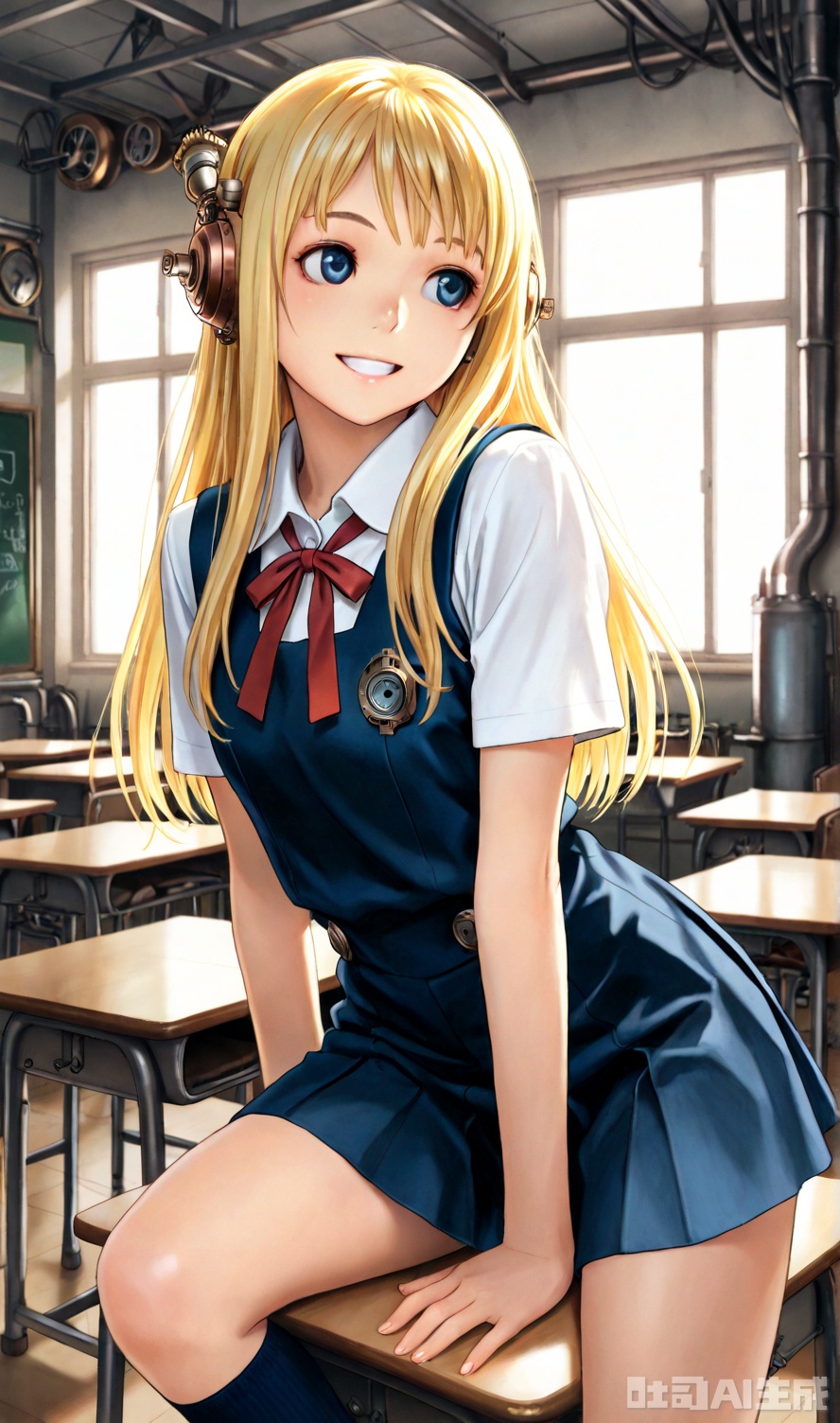 1girl,yellow hair,long hair,blue eyes,beautiful eyes,masterpiece,school uniform,pungent,happy,classroom,Factory,steampunk,