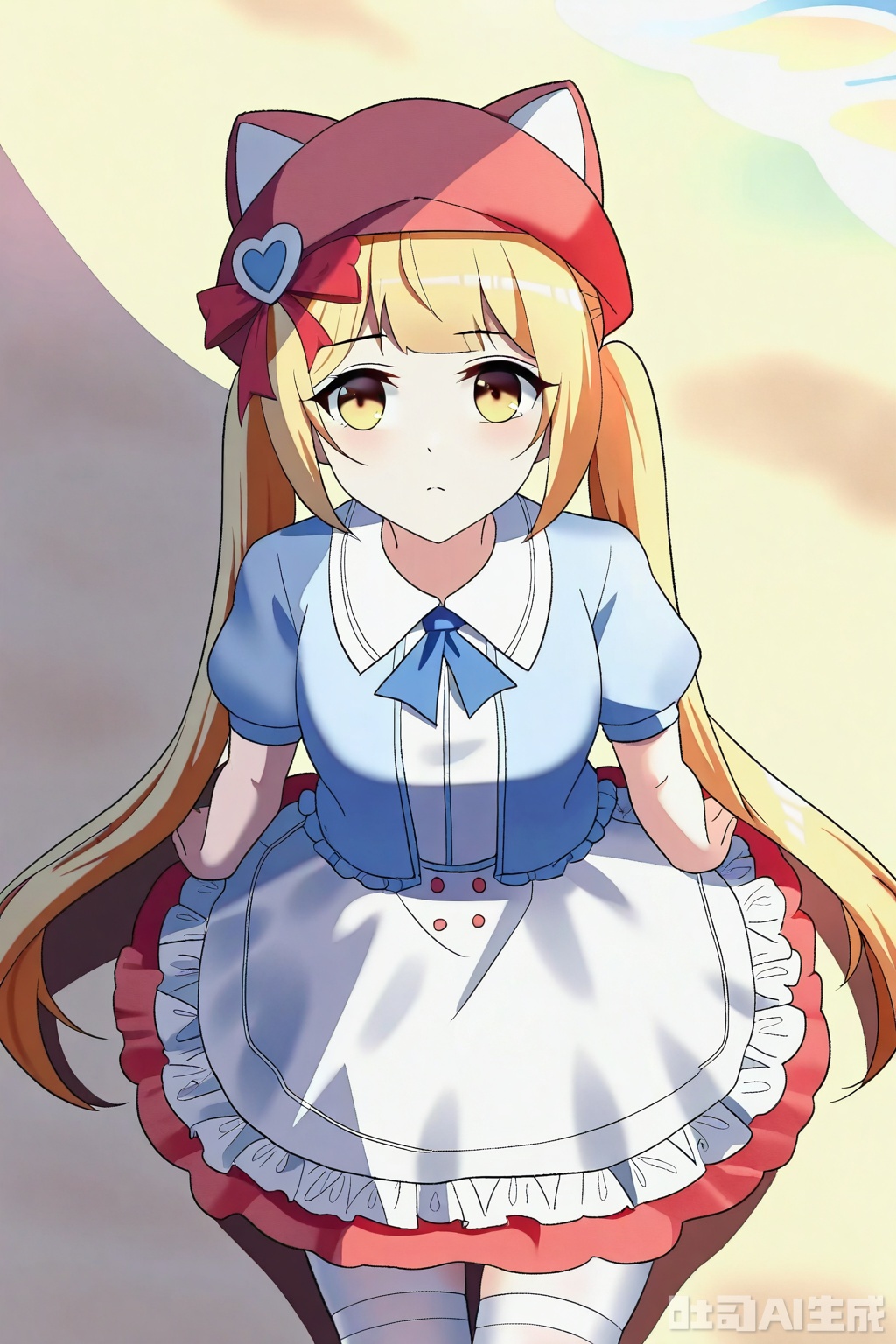 1girl, solo, long hair, skirt, blonde hair, hat, dress, bow, twintails, yellow eyes, short sleeves, pantyhose, red bow, white pantyhose,


Thigh exposed,thighhighs,looking at viewer,on the beach,on the beach,
