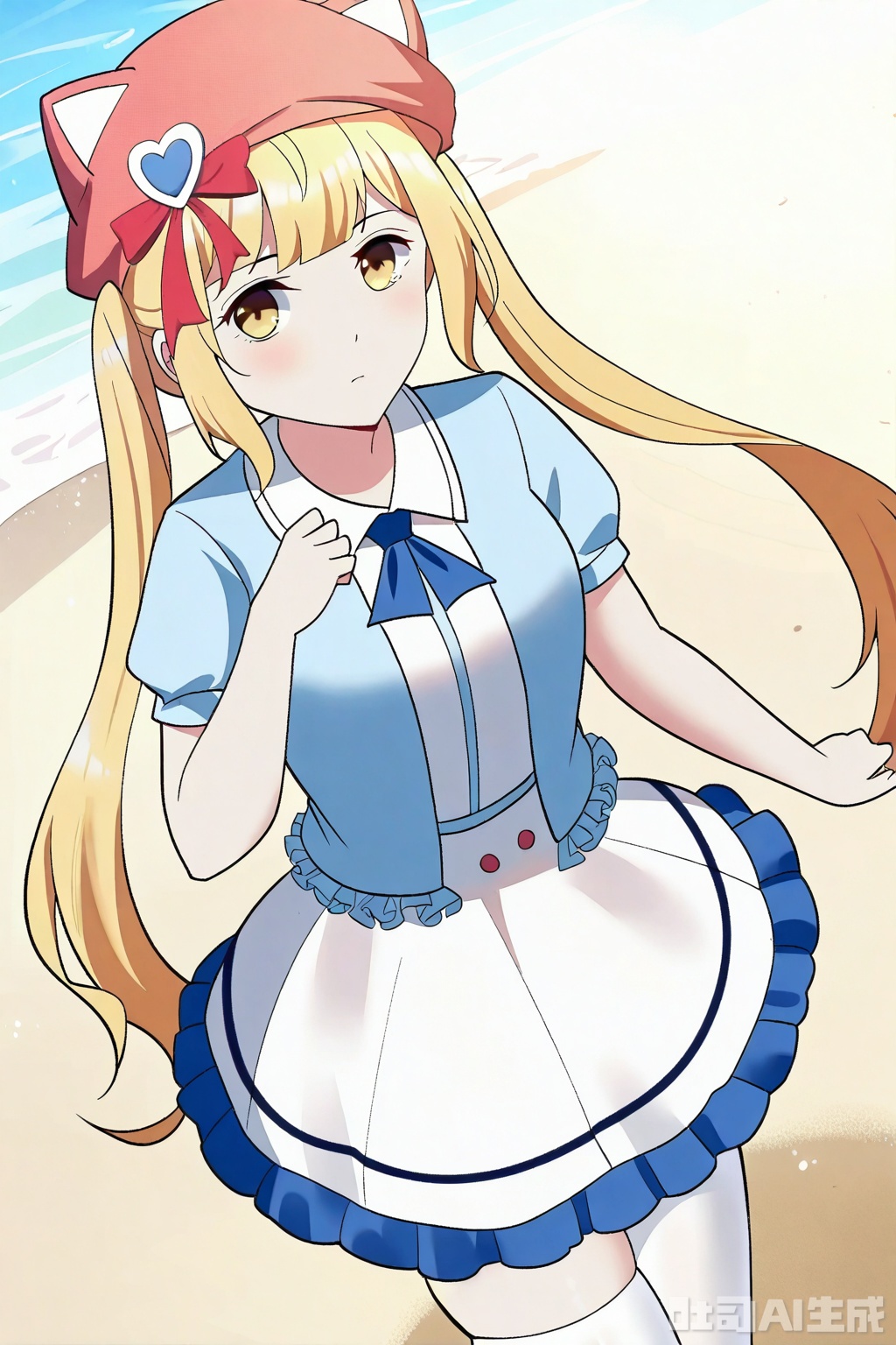 1girl, solo, long hair, skirt, blonde hair, hat, dress, bow, twintails, yellow eyes, short sleeves, pantyhose, red bow, white pantyhose,


Thigh exposed,thighhighs,looking at viewer,on the beach,on the beach,
