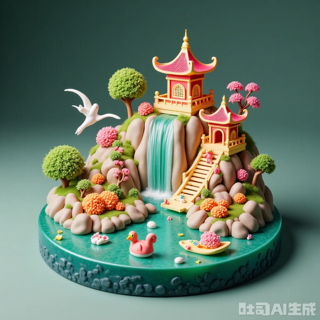 3D Crystal, small city bridge, pavilion, waterfall, panda, river