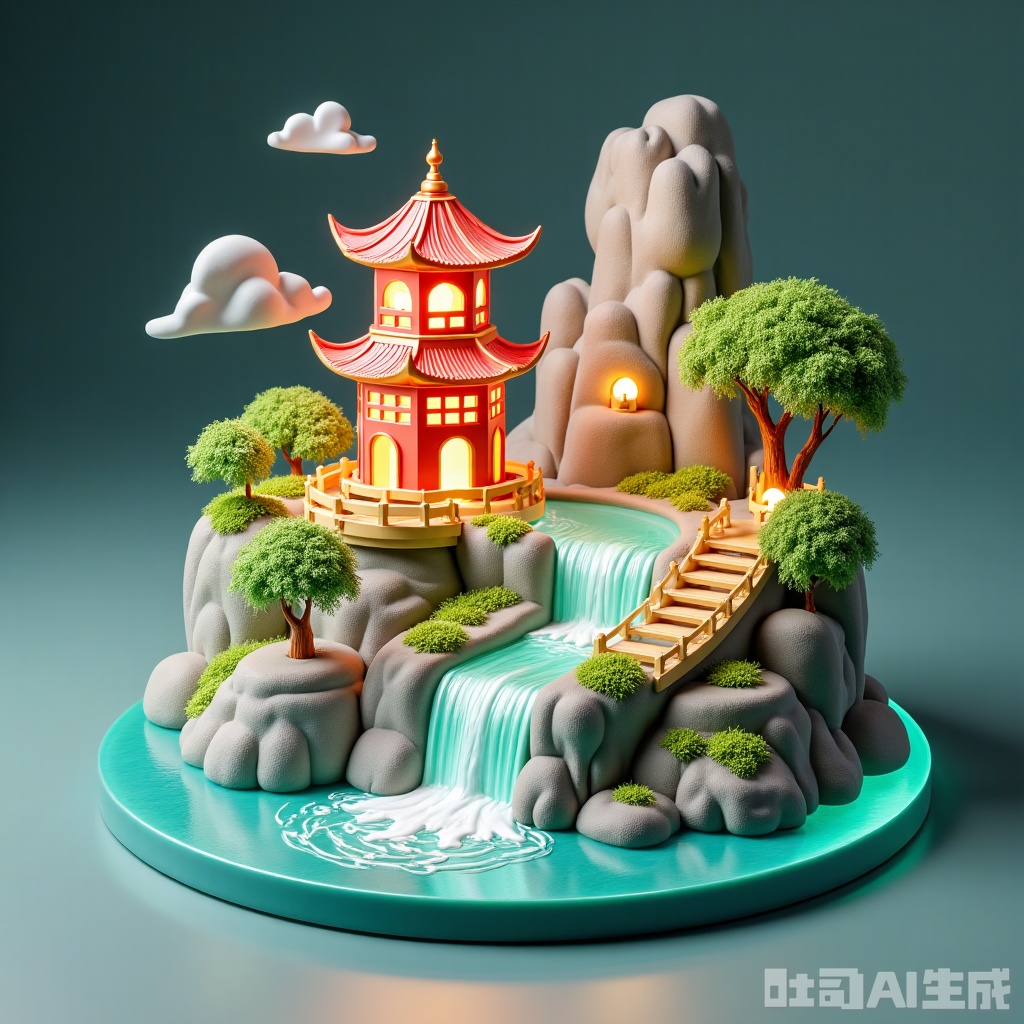 3D Crystal, small city bridge, pavilion, waterfall, panda, river