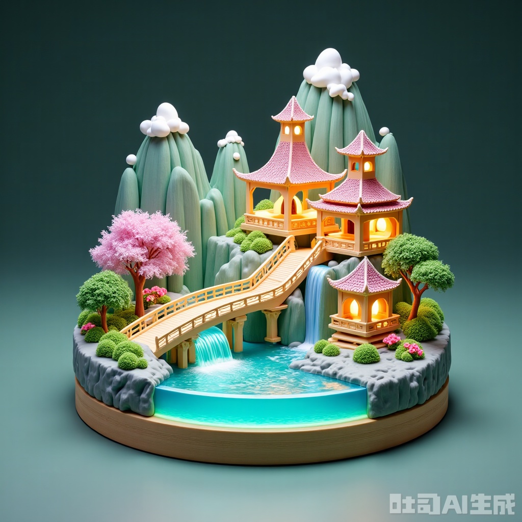 3D Crystal, small city bridge, pavilion, waterfall, panda, river