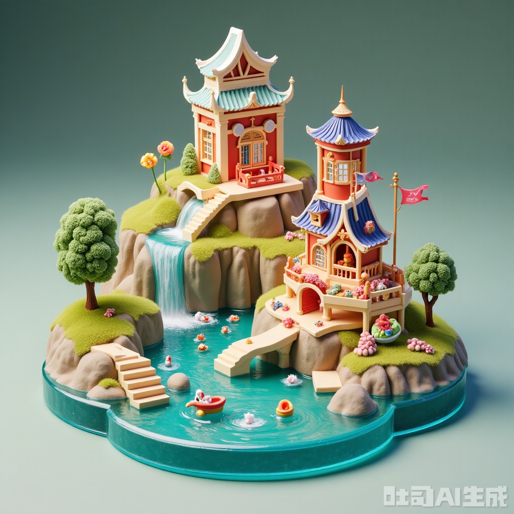 3D Crystal, small city bridge, pavilion, waterfall, panda, river