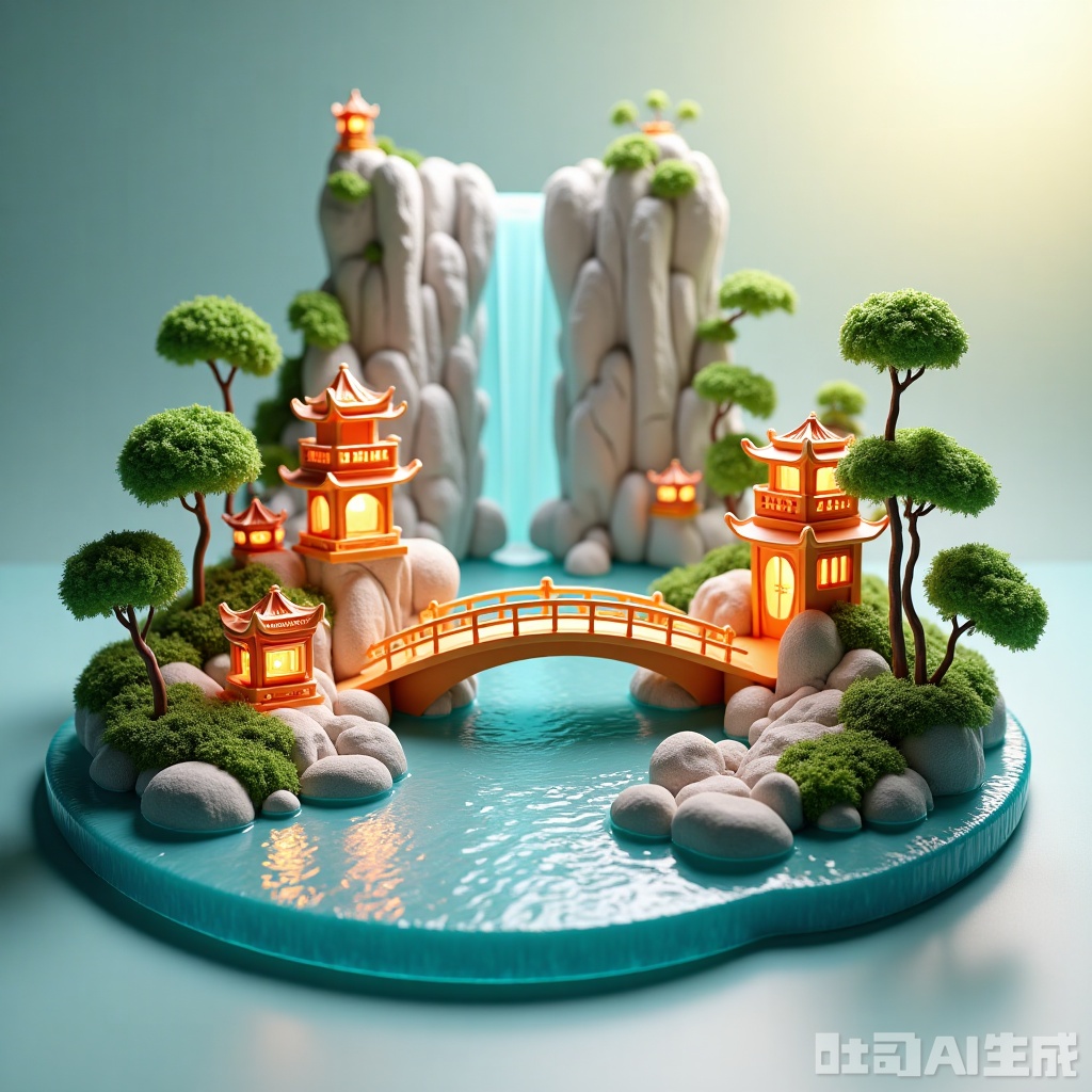 3D Crystal, small city bridge, pavilion, waterfall, panda, river