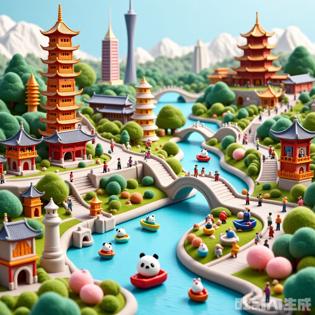 3D Crystal, small city bridge, pavilion, waterfall, panda, river,Cartoon style,Three-dimensional picture