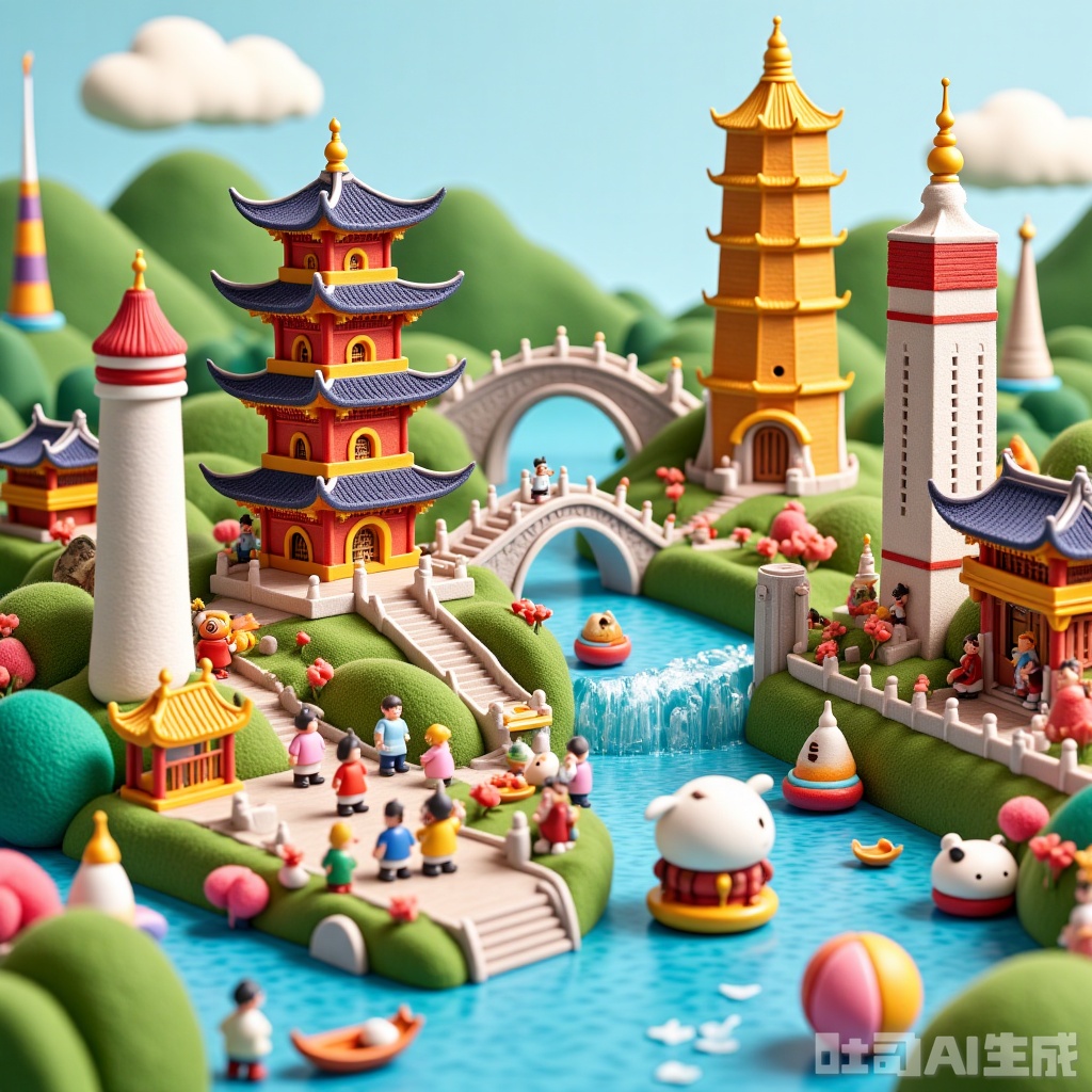 3D Crystal, small city bridge, pavilion, waterfall, panda, river,Cartoon style,Three-dimensional picture