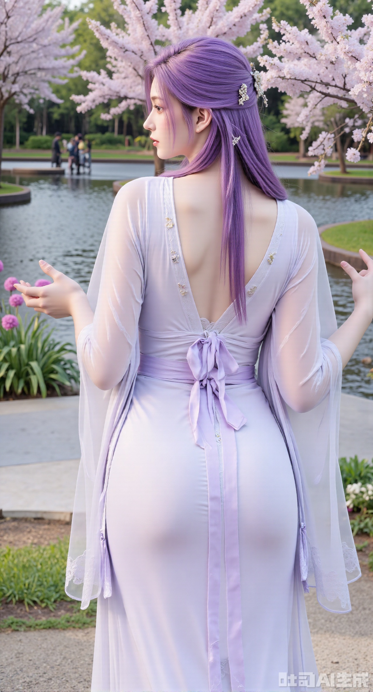 (masterpiece, best quality:1.2),In a dreamy Japanese style, a girl with long purple hair is wearing a light purple backless sweater decorated with star sequins, paired with a white tulle skirt, showing her dreamy figure, with a mysterious back line. The scene is a flower sea in spring, where colorful flowers are in full bloom and butterflies are flying, as if in a fairyland. The picture is in high resolution, with dreamy and gorgeous colors, rich details, delicate skin texture, and soft lighting.
.(huge breasts:2.99),(full breasts:2.99),Xdongjixiaofu,Xlanbaixiaofu,XkjwjlzyY,XLiquidGlass,XiPhone17Pro,Xshuilian,XzhuxianbiyaoX,XnaiqiXY,Xzihanfu,Xzhiguangxishiyouxihuafei,Xqiyaoruqunhanfu,Xwangxixianzi,Xsanshang,Xyujiafu,Xnanxiaochen,Xloubeimaoyi,Xrixisheyingfeng,Xnaiqishuiyi,Xzhaoxianger