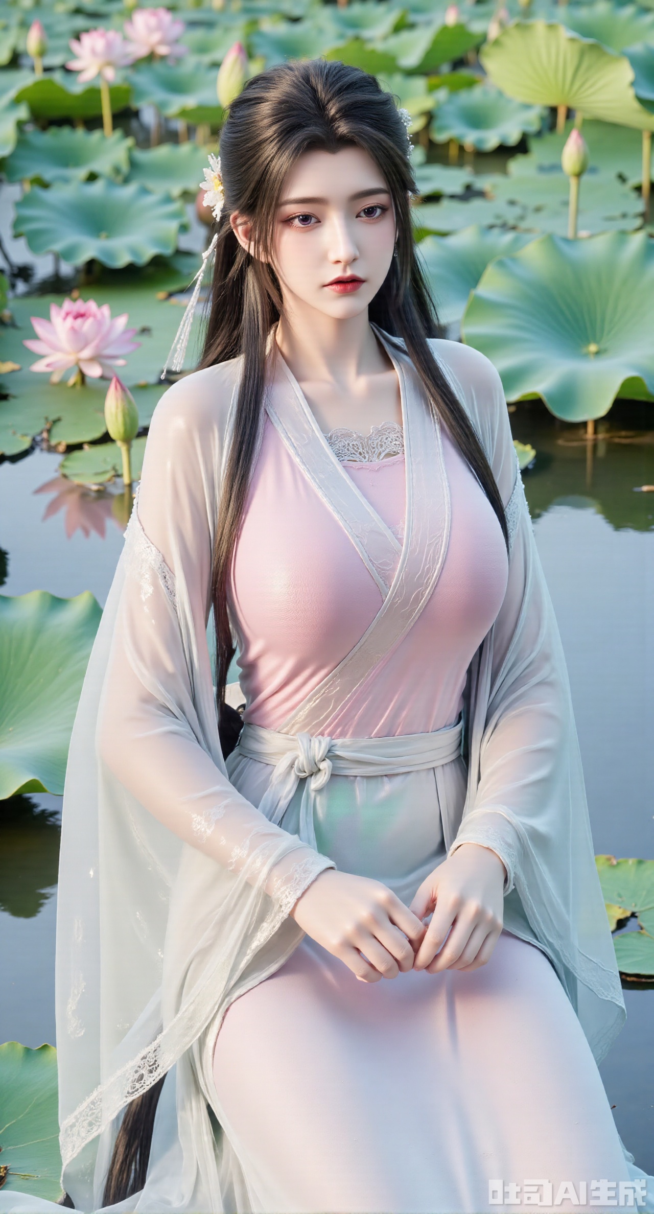 (masterpiece, best quality:1.2),1girl, navel, solo, midriff, bare shoulders, hair ornament, flower, hair flower, black hair, red lips,BREAK, (looking at viewer:1.39), chinese clothes,(Holographic pink|green dress:1.39), (lace,Rainbow Gradient Color:1.29),BREAK,purple eyes,blurry, solo focus, long hair, lips, daytime, lipstick, outdoors, (upper body,,Long legs:1.29), blurry,(huge breasts,full breasts:1.41), background, 1girl, makeup, hair bun,Xyunxiao,(Blue sky:1.39),(Suzhou Garden Lotus Pond,pink lotus,green Lotus Leaf:1.39),(huge breasts:2.99),(full breasts:2.99),Xnanxiaochen,Xloubeimaoyi,Xrixisheyingfeng,Xnaiqishuiyi,Xzhaoxianger