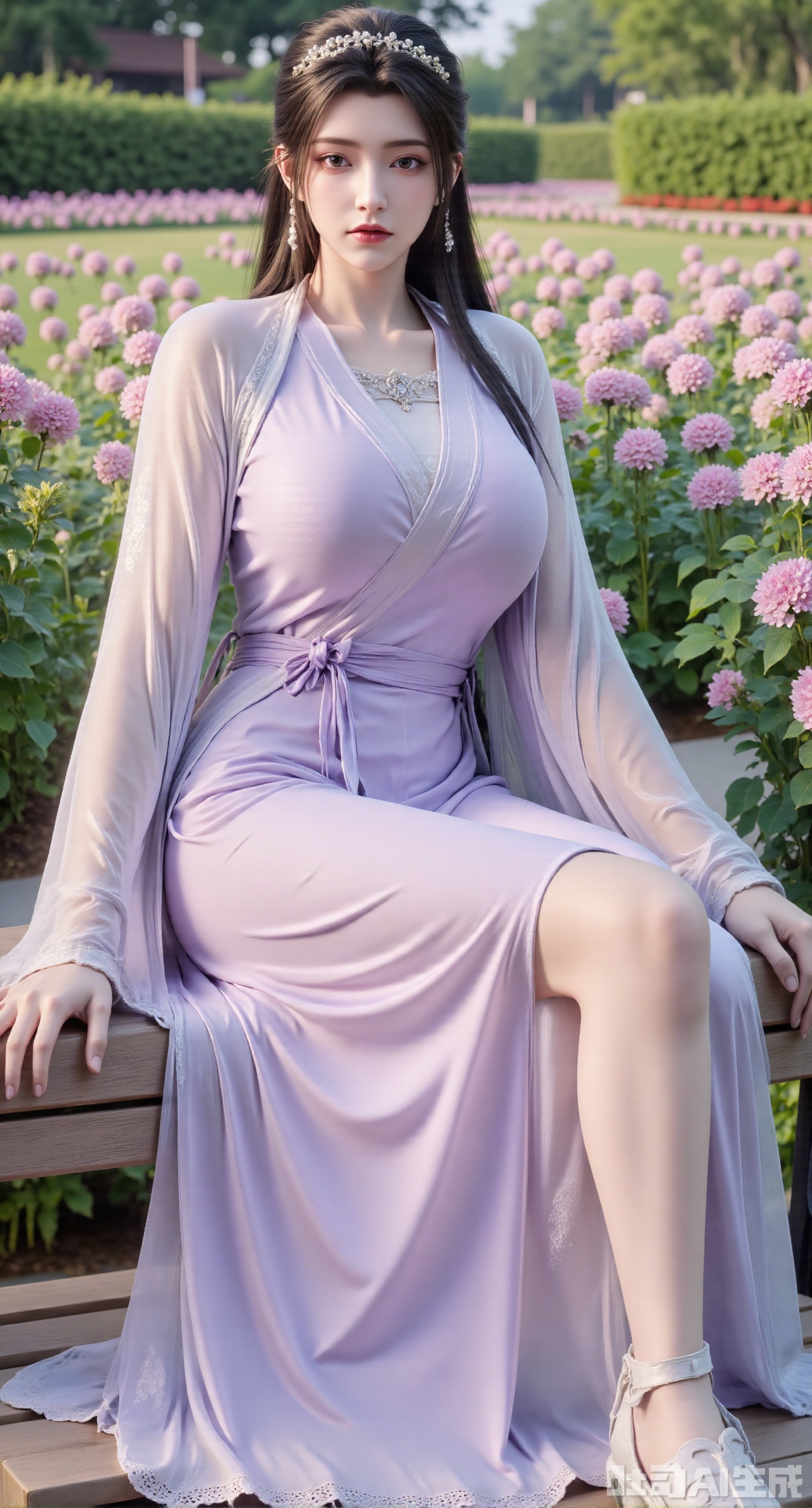 (masterpiece, best quality:1.2),A beauty wearing a pearl hairband dons a long dress, paired with a light purple sheer knitted cardigan and white Mary Jane shoes. Leaning on a garden bench filled with macaron - colored flowers,.Sunlight filters through the leaves onto her face, creating a lazy and gentle atmosphere, and her skirt sways softly in the breeze. 8K resolution, detailed texture of knitted fabric, lustrous pearl texture, vivid flower colors, soft natural light, Instagram - style filter texture.,(huge breasts:2.99),(full breasts:2.99),Xnanxiaochen,Xloubeimaoyi,Xrixisheyingfeng,Xnaiqishuiyi,Xzhaoxianger