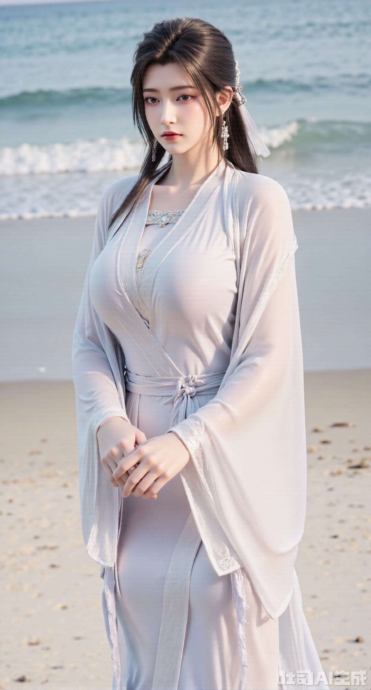 (masterpiece, best quality:1.2),1girl,solo,standing,(huge breasts:2.69),(full breasts:2.59),,looking at viewer,(cowboy_shot:1.1),long hair,high heels,blurry background,depth of field,motion blur,long dress,china_dress,chinese_style,bare shouders,crystal_earrings,headpiece,hair_tie,chest_jewel,gem,necklace,jewelry,in summer,day,outdoors,nature,sea,(rose,beach:1.49),(huge breasts:2.99),(full breasts:2.99),(very long legs,Diamond-studded high heels:1.5),Xnanxiaochen,Xloubeimaoyi,Xrixisheyingfeng,Xnaiqishuiyi,Xzhaoxianger