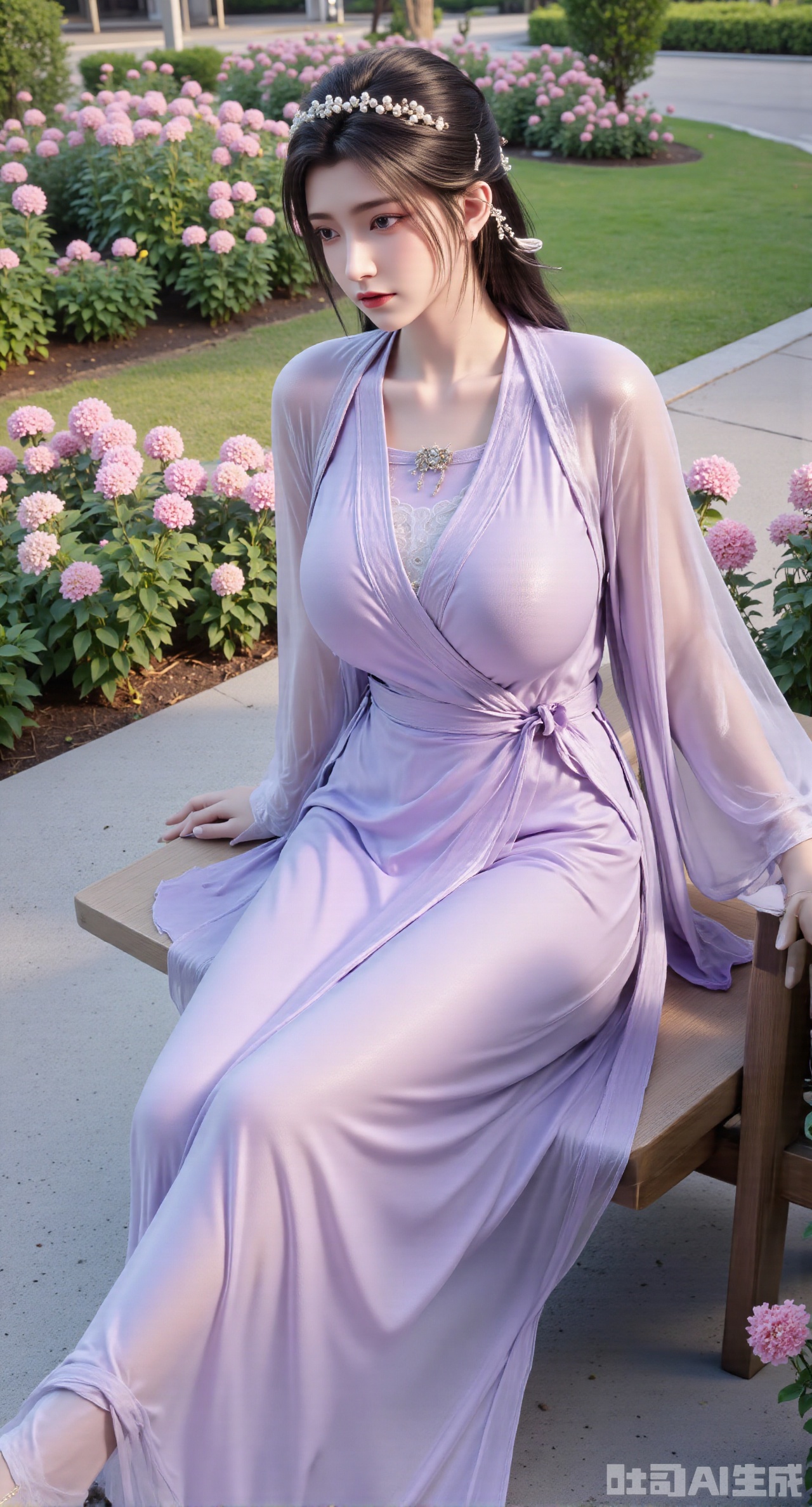 (masterpiece, best quality:1.2),A beauty wearing a pearl hairband dons a long dress, paired with a light purple sheer knitted cardigan and white Mary Jane shoes. Leaning on a garden bench filled with macaron - colored flowers,.Sunlight filters through the leaves onto her face, creating a lazy and gentle atmosphere, and her skirt sways softly in the breeze. 8K resolution, detailed texture of knitted fabric, lustrous pearl texture, vivid flower colors, soft natural light, Instagram - style filter texture.,(huge breasts:2.99),(full breasts:2.99),Xnanxiaochen,Xloubeimaoyi,Xrixisheyingfeng,Xnaiqishuiyi,Xzhaoxianger