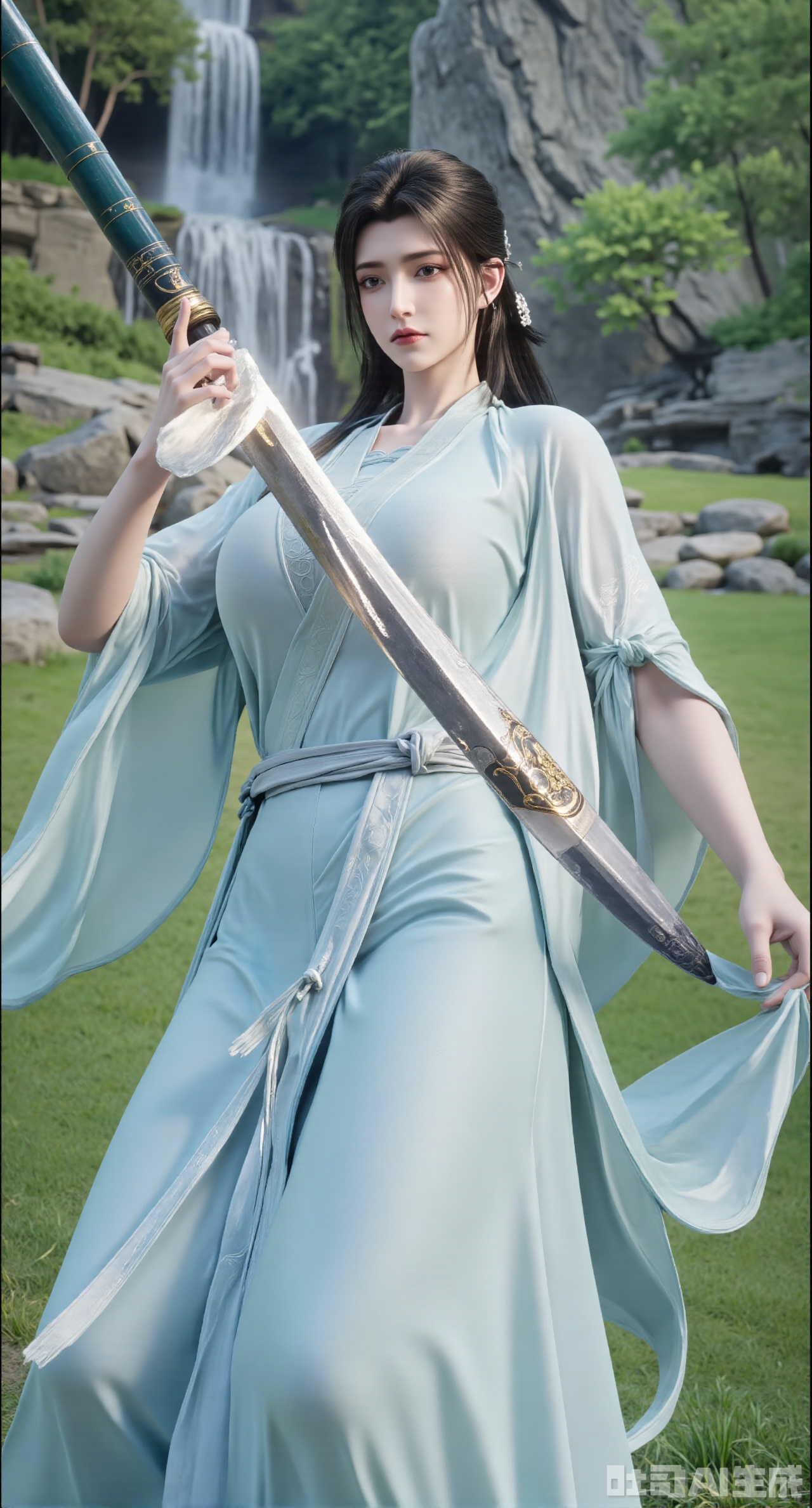 (masterpiece, best quality:1.2),,(UE5.5,rendered with Unreal Engine 5,Unreal Engine 5,CG rendering:1.1),A female general with her hair up in a bun wears light cyan fish-scale soft armor, draped in a white crane cloak,(huge breasts:2.89),She gracefully wields a long sword with a jade hilt. Dancing amidst a bamboo grove, she sends leaves swirling around her. Behind her, a misty landscape painting shimmers, with soft moonlight silvering her blade. Flowing texture of the soft fabric, dappled bamboo shadows, elegant swordsmanship dynamics, ink-wash landscape background, poetic ancient atmosphere, 8K resolution..(huge breasts:2.99),(full breasts:2.99),Xnanxiaochen,Xloubeimaoyi,Xrixisheyingfeng,Xnaiqishuiyi,Xzhaoxianger