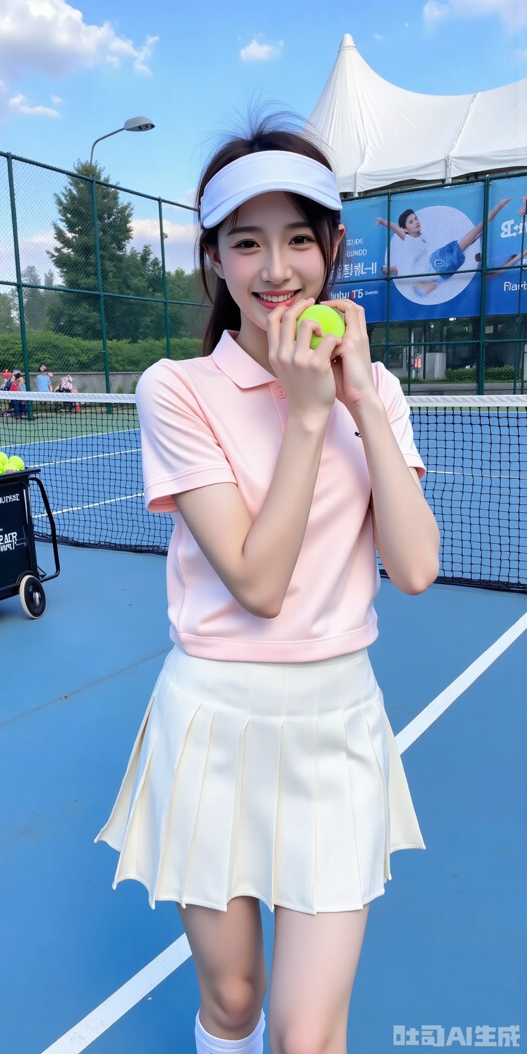 This is a high-resolution photograph featuring a young East Asian woman posing on an outdoor tennis court. She is standing on the blue court, holding a tennis racket with her right hand and a tennis ball in her left hand. She is smiling brightly and has a playful expression. She is wearing a white visor, a light pink short-sleeved polo shirt, a pleated white skirt, and knee-high white socks. The tennis racket is positioned on the ground in front of her, and a black tennis ball cart is filled with tennis balls to her left.

In the background, there is a green fence enclosing the tennis court, and beyond that, a large white tent with a blue and white advertisement banner. The sky is clear with a few scattered clouds, suggesting a sunny day. The overall scene conveys a cheerful and active atmosphere, likely set in a recreational sports facility. The image is bright and vibrant, with a clear focus on the subject and the surrounding elements, capturing the essence of a casual yet energetic moment in a tennis setting.