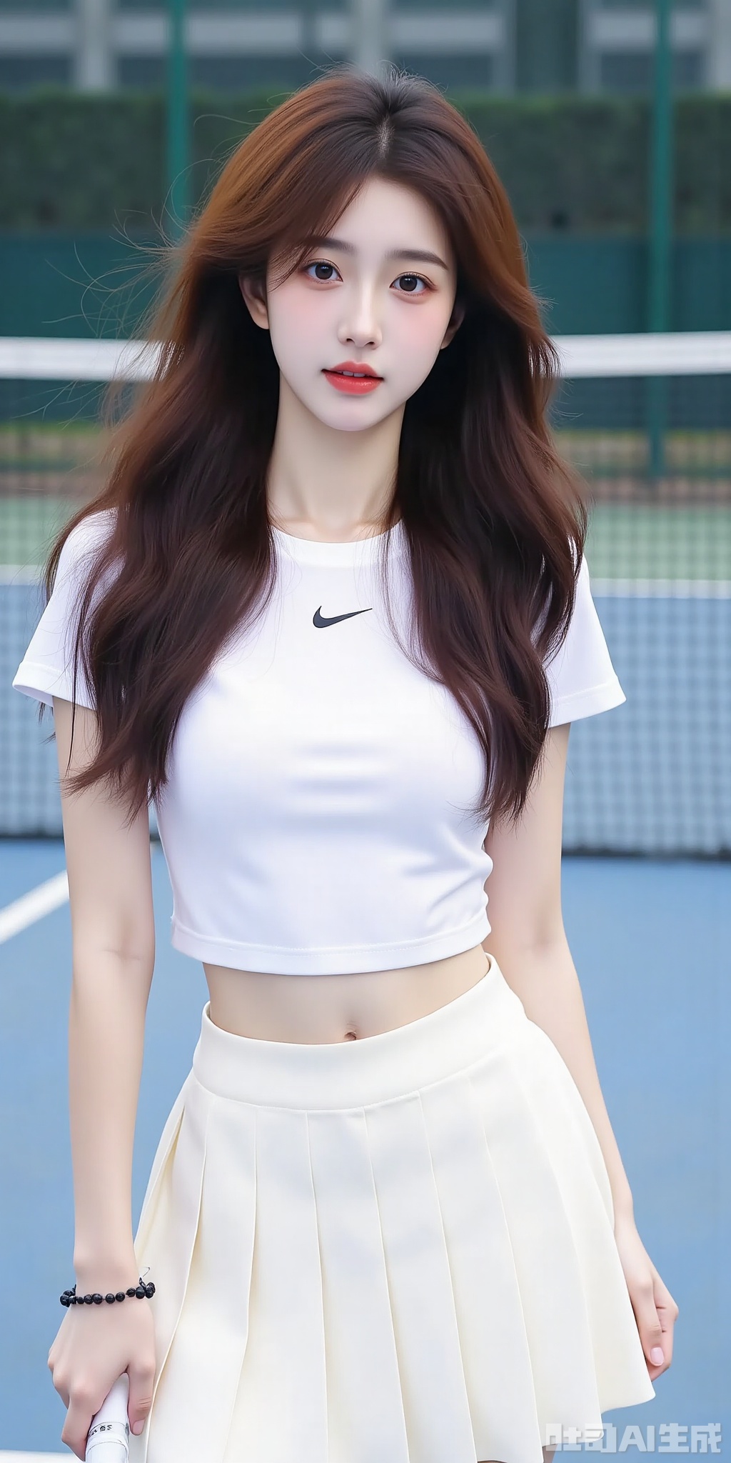 This is a high-resolution photograph of a young East Asian woman standing on a tennis court, holding a white tennis racket in her right hand. She has long, wavy brown hair that cascades over her shoulders and a fair complexion. Her facial features are delicate, with a small nose, full lips, and expressive eyes. She is wearing a white, short-sleeved crop top that fits snugly, accentuating her slender physique and small breasts. The top has a small black Nike logo on the chest. She pairs this with a pleated, high-waisted white tennis skirt that flares out at the bottom, revealing her toned legs. The skirt also has a black Nike logo on the waistband. Her left hand rests by her side, adorned with a simple bracelet. The background features a green fence and a tennis net, indicating an outdoor setting. The court is divided into blue and green sections, typical of a tennis court, with the net in the middle. The image is well-lit, likely taken during the day, capturing a moment of poised readiness for a tennis match.